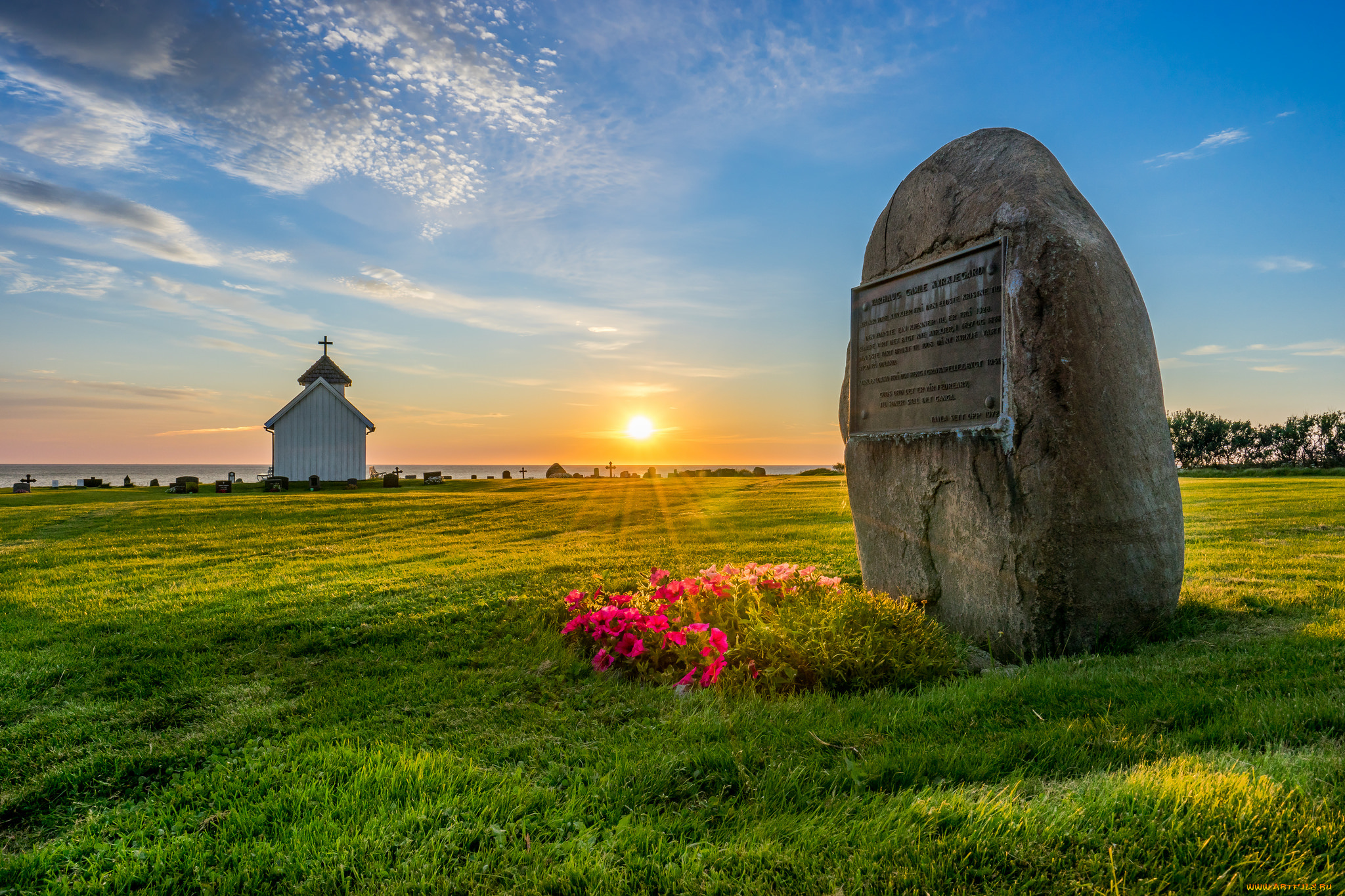 города, -, пейзажи, луг, рассвет, церковь, камень, надпись