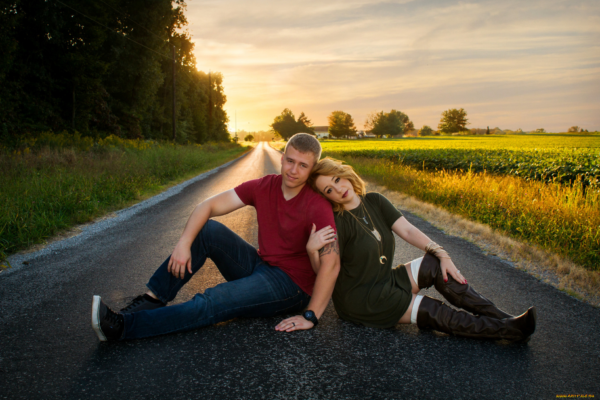 разное, мужчина, женщина, пара, закат, девушка, парень, сидят, дорога