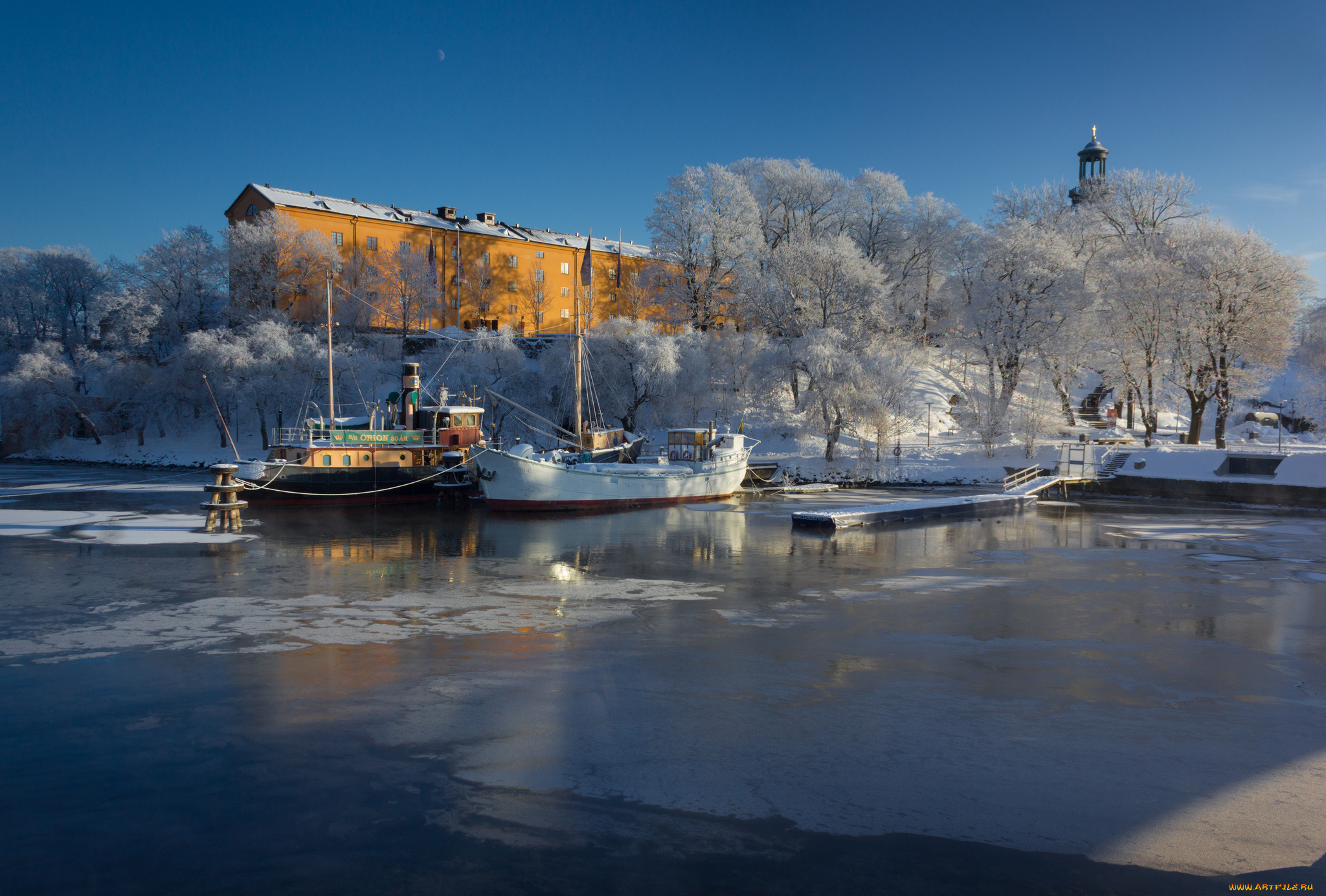 корабли, порты, , , причалы, зима, снег, дом, корабль, вода