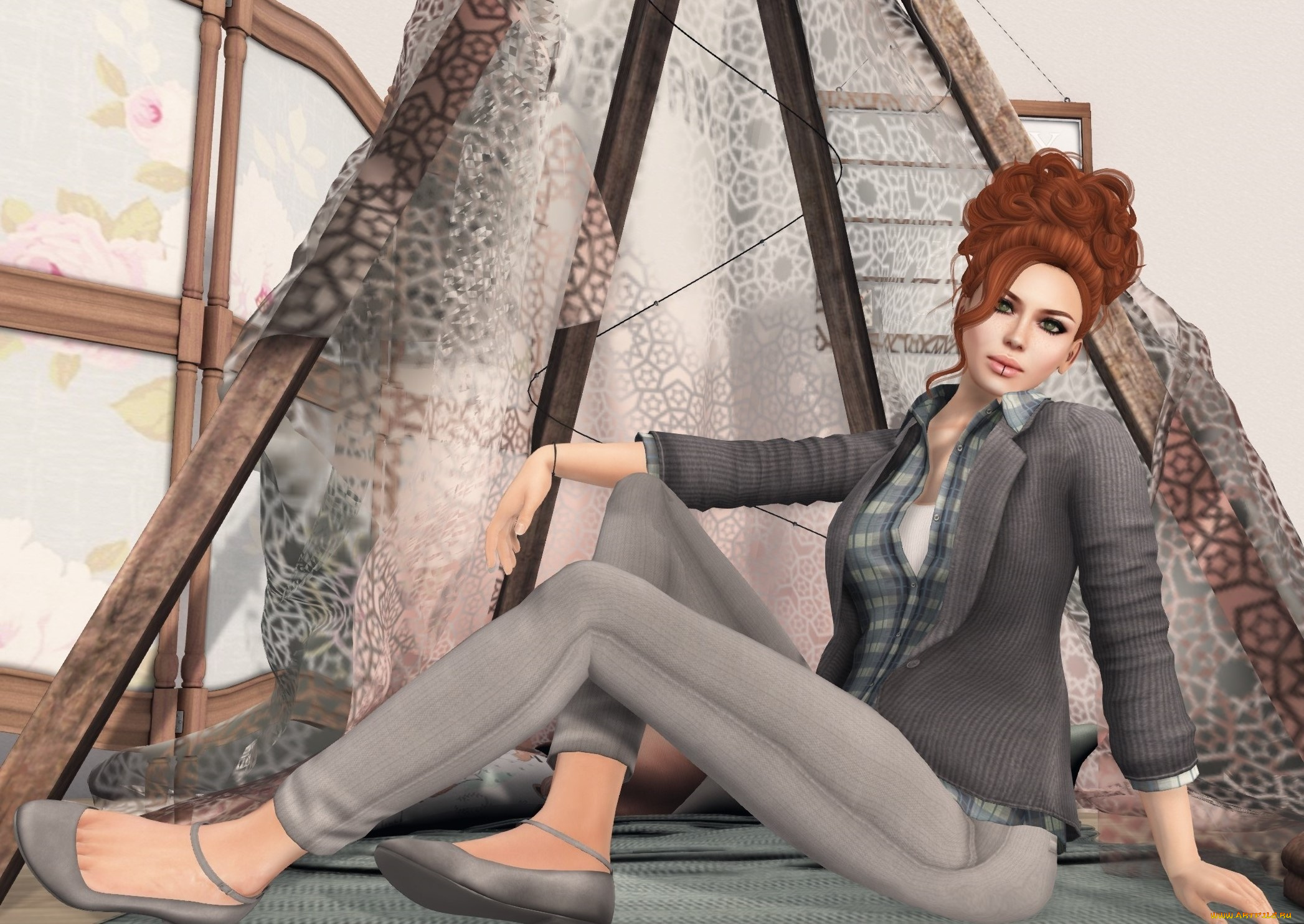 3д, графика, люди, , people, рыжая, фон, взгляд, девушка