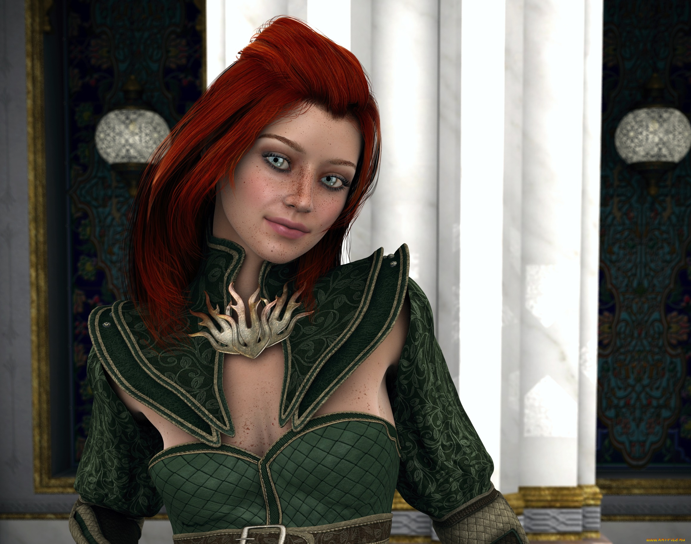 3д, графика, люди, , people, взгляд, девушка, рыжая, фон