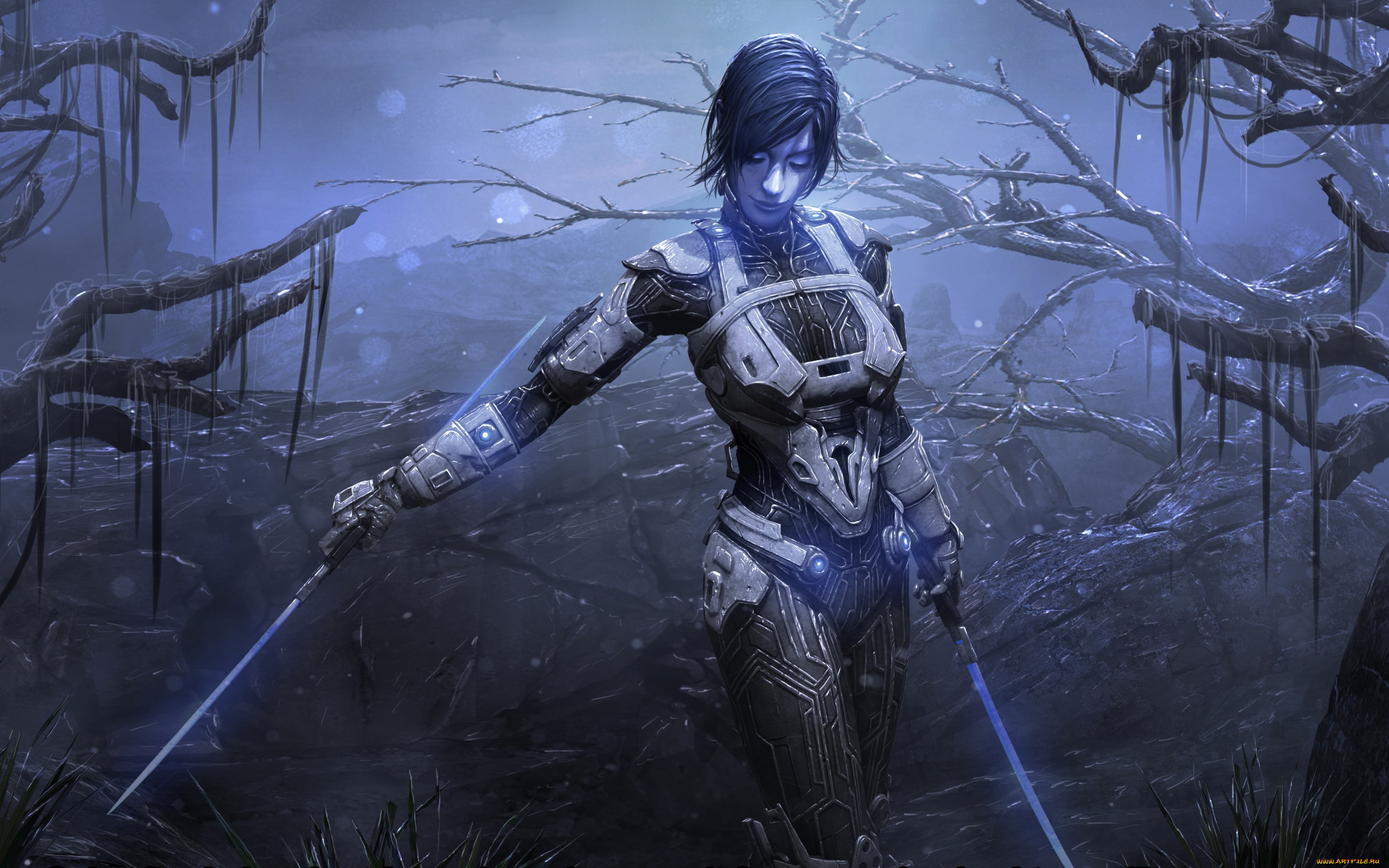 фэнтези, роботы, , киборги, , механизмы, фантастика, лес, деревья, костюм, лезвие, арт, меч, девушка