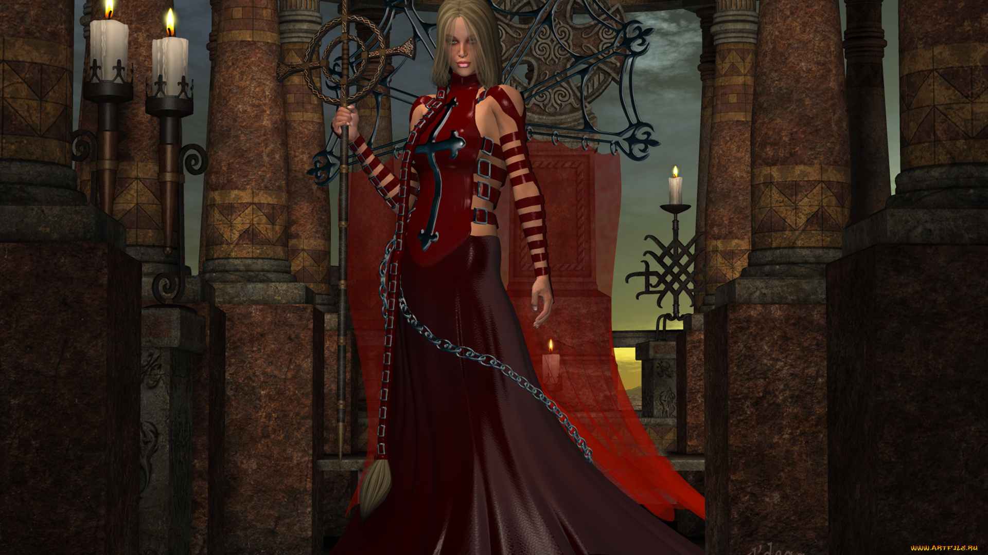 3д, графика, фантазия, , fantasy, свечи, фон, взгляд, девушка
