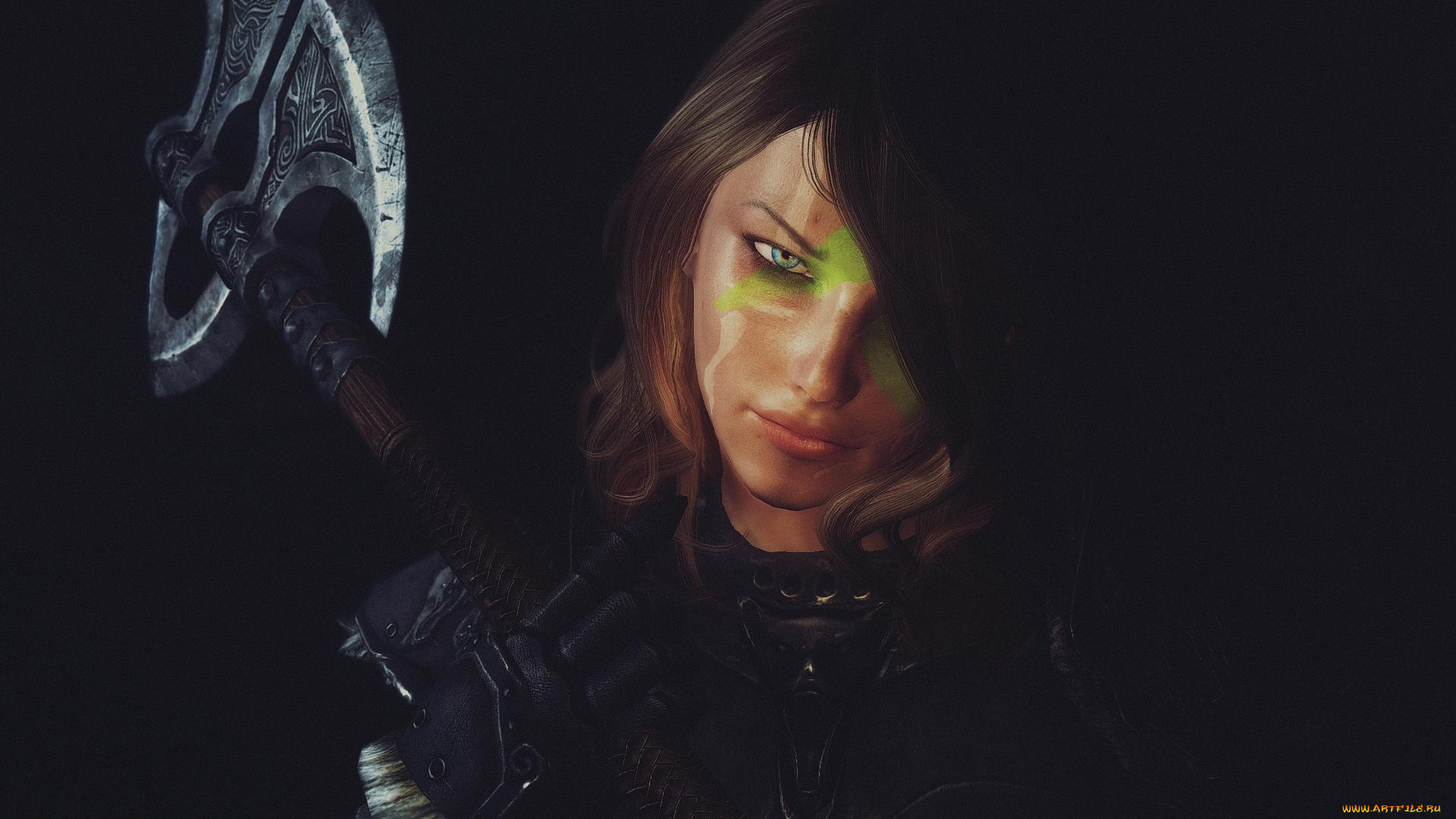 3д, графика, фантазия, , fantasy, взгляд, девушка, фон, топор, рендеринг