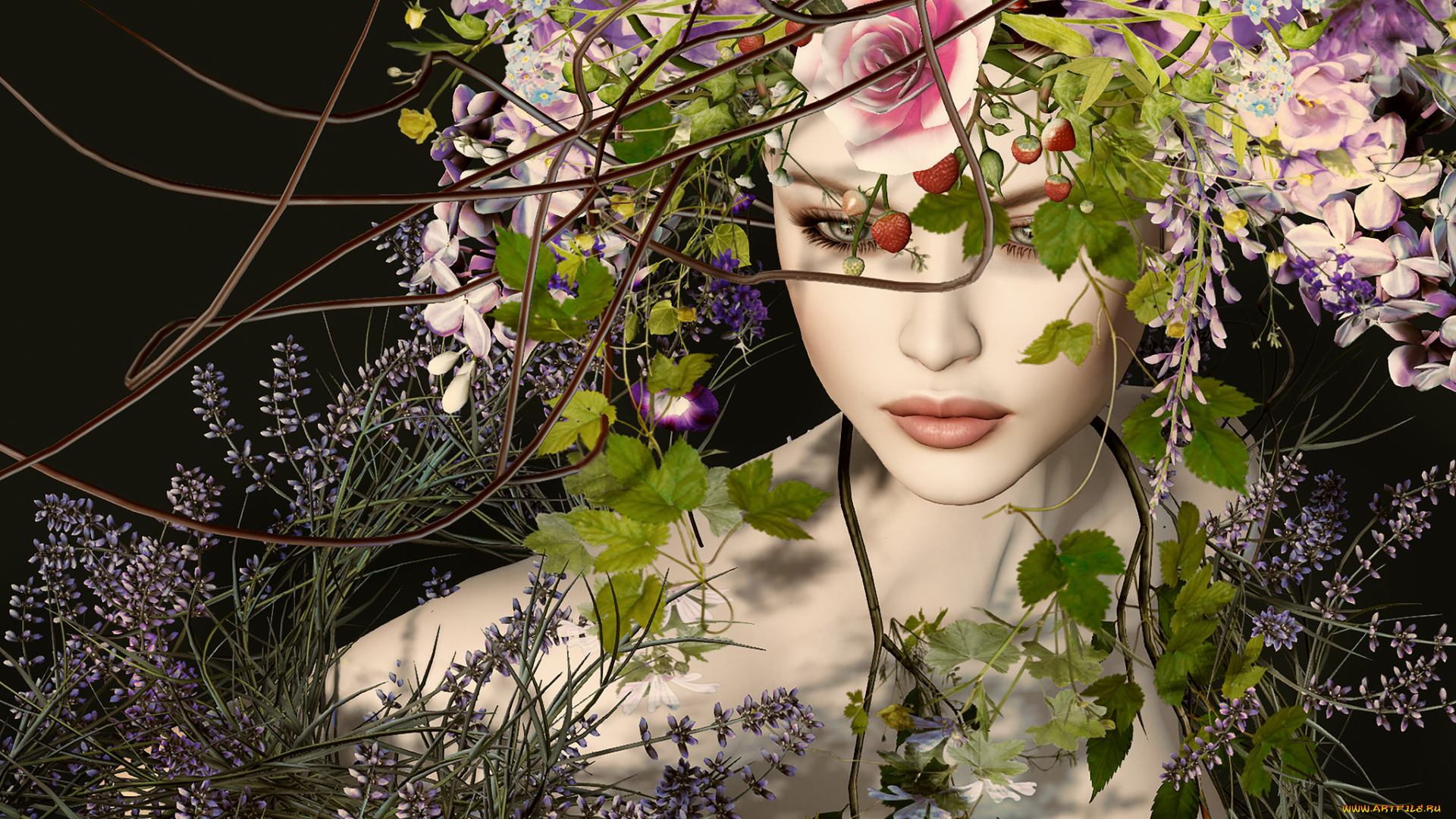3д, графика, портрет, , portraits, девушка, лицо, венок, цветы