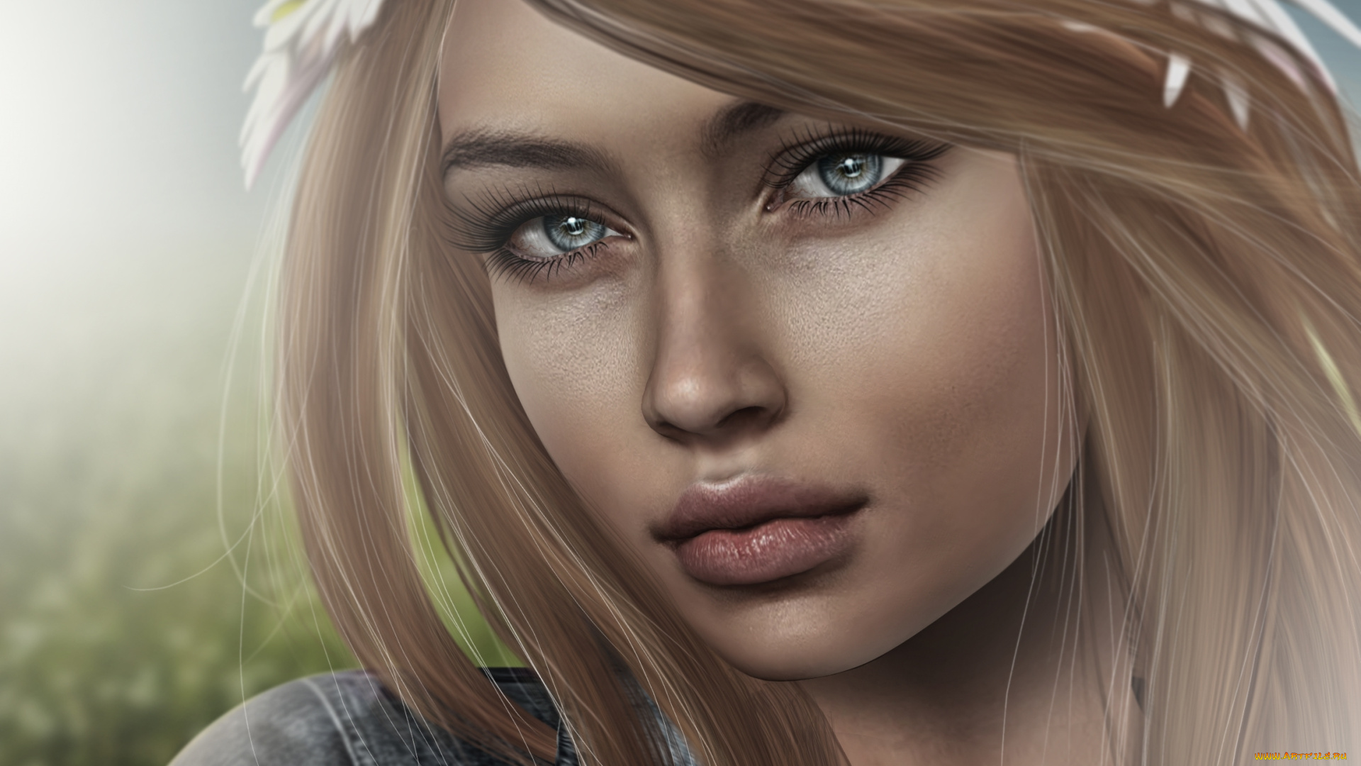 3д, графика, портрет, , portraits, лицо, ромашки, блондинка, венок, девушка