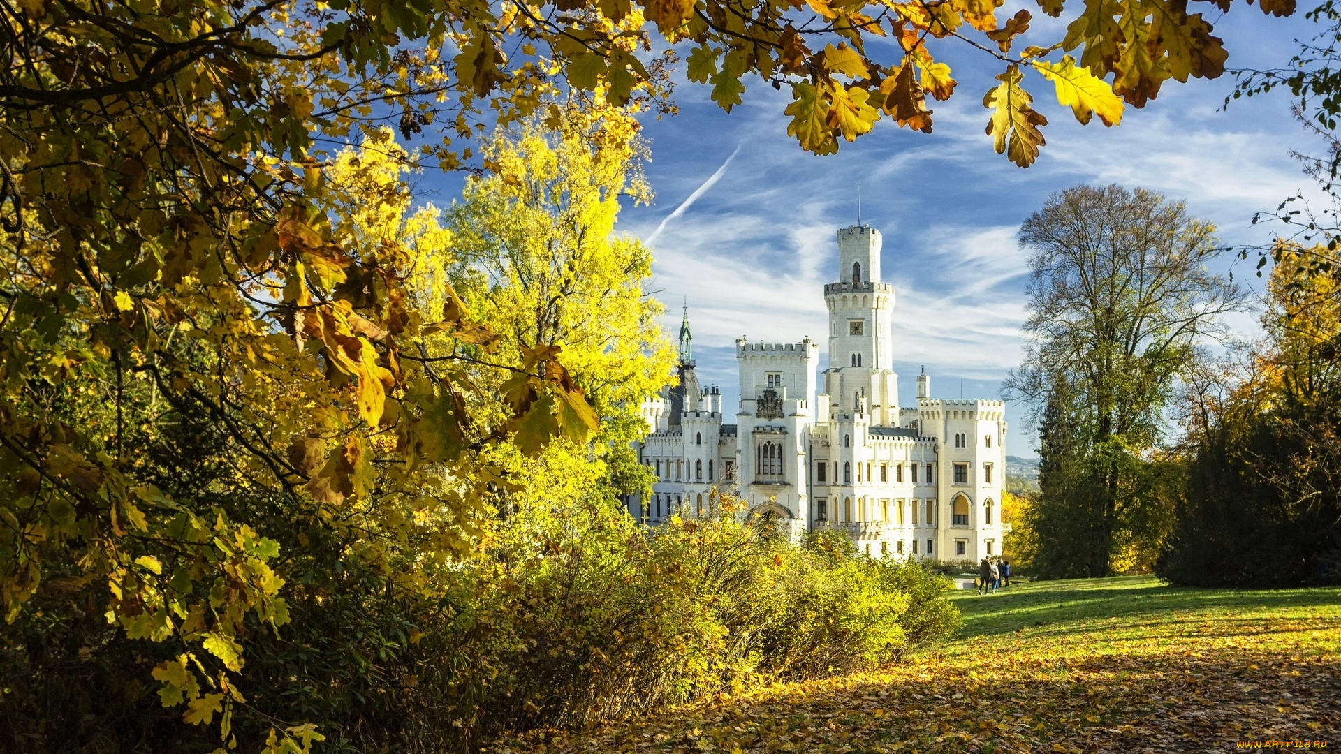 города, -, дворцы, , замки, , крепости, осень, дворец, замок, кусты, парк, листья, деревья