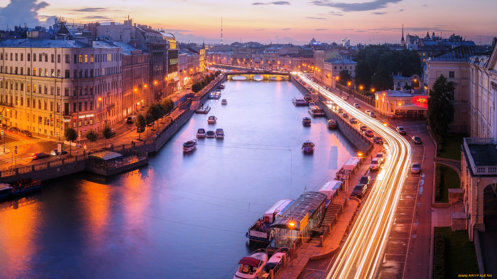 города, санкт-петербург, , петергоф, , россия, река, здания, дома, огни, набережные, улицы