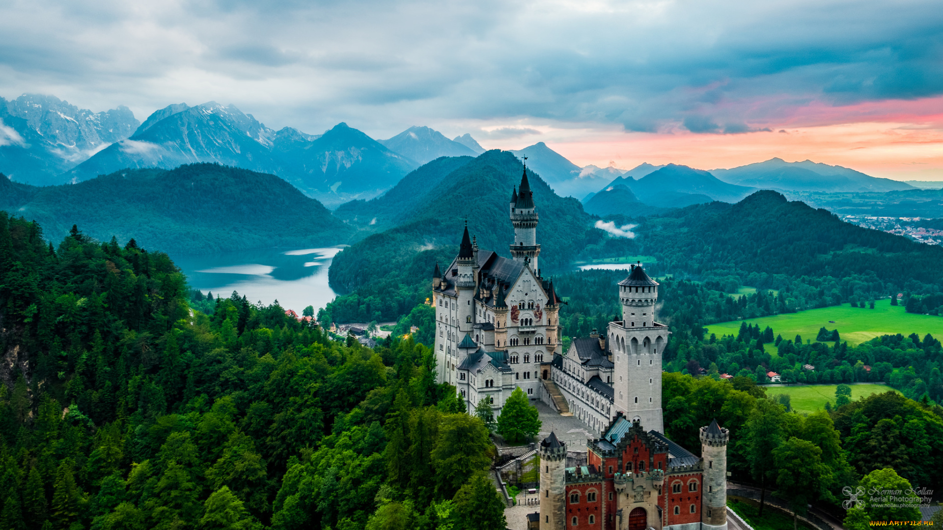 neuschwanstein, castle, города, замок, нойшванштайн, , германия, панорама, горы