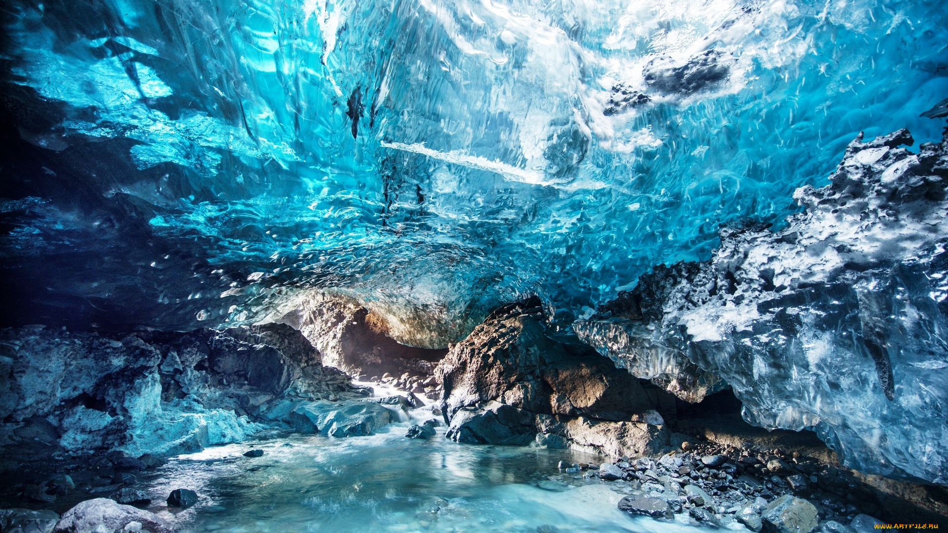 природа, реки, озера, ручей, камни, лед, пещера