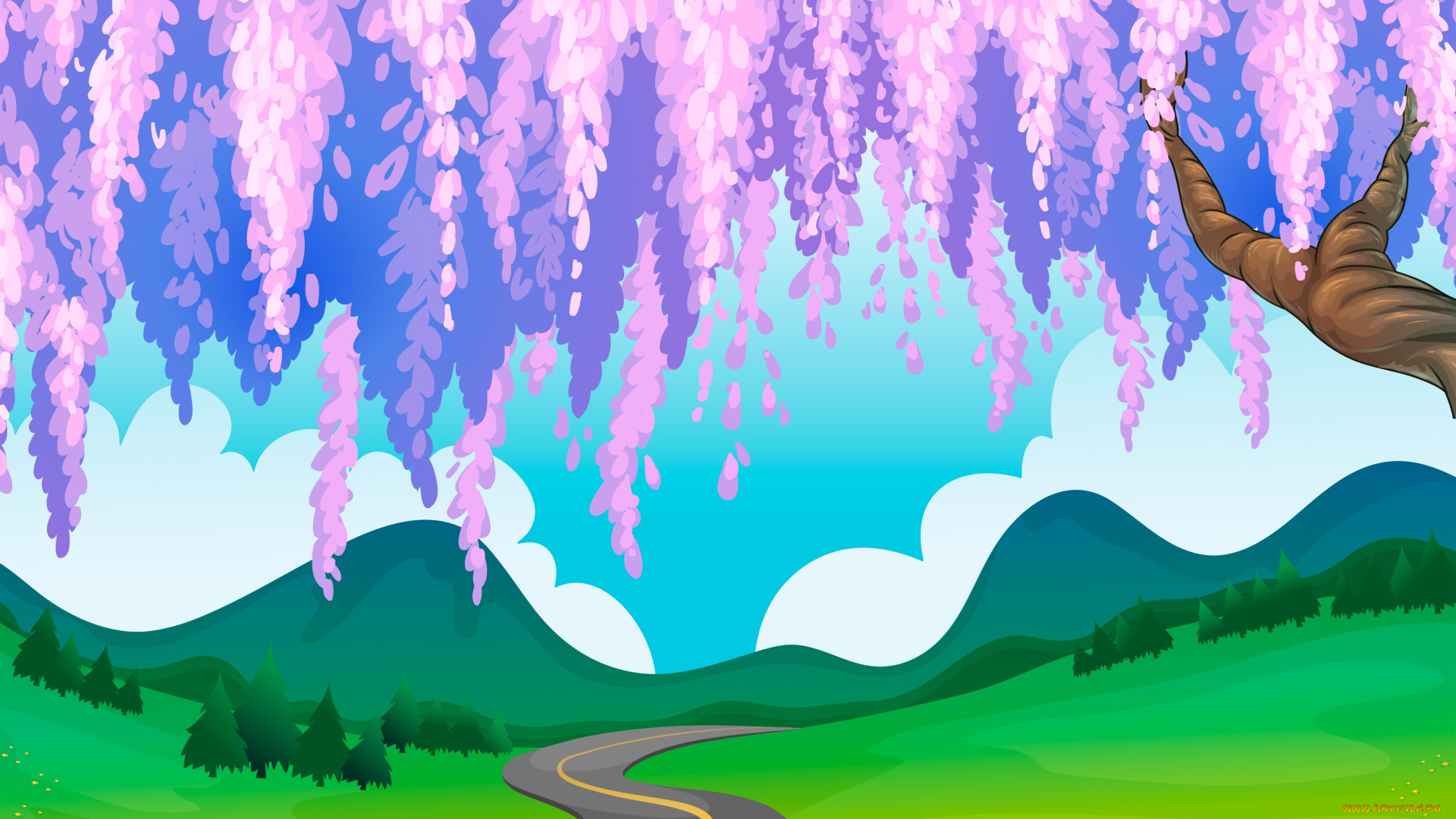 векторная, графика, природа, , nature, холмы, тропинка, глициния