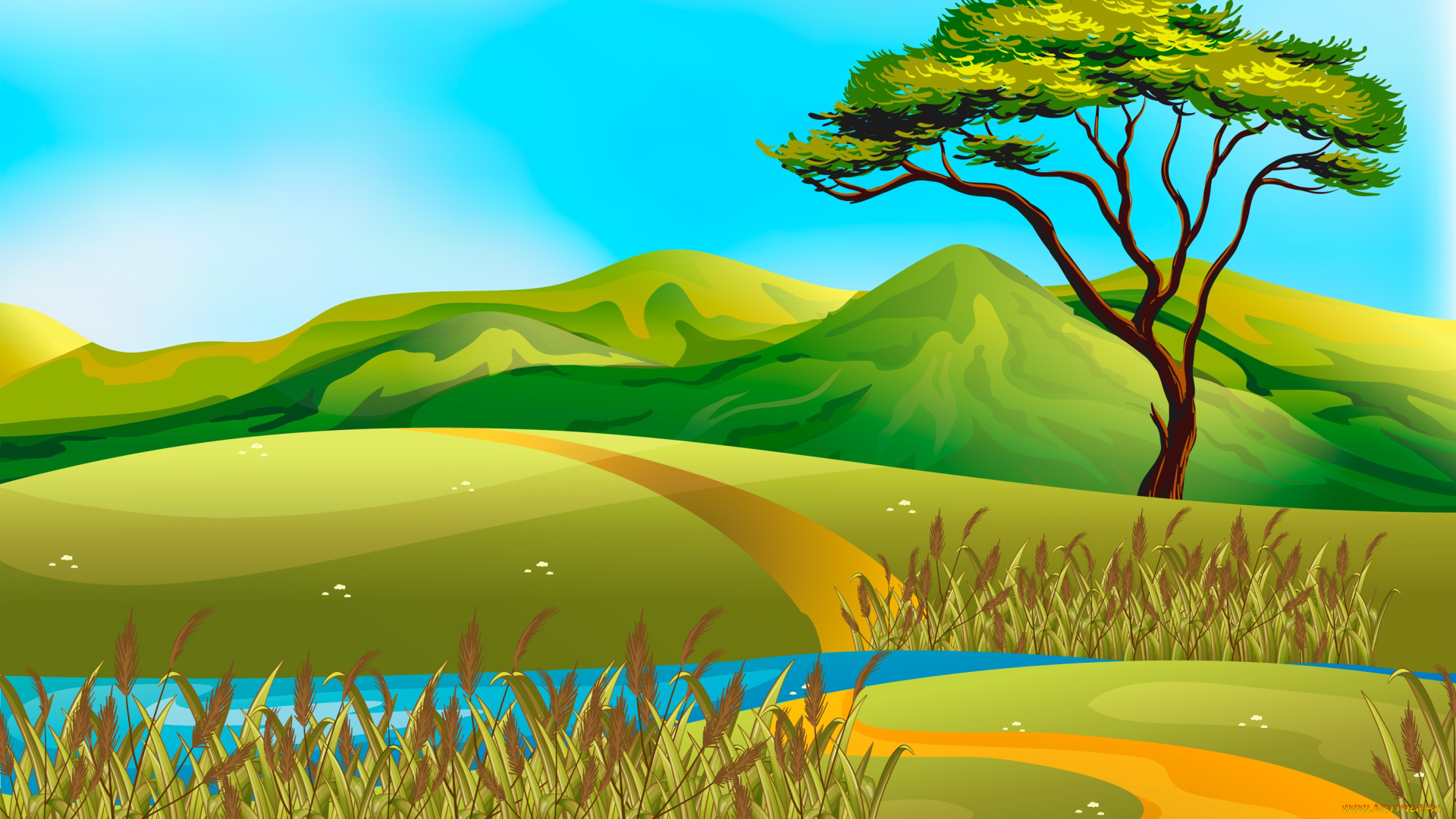 векторная, графика, природа, , nature, камыши, дерево, природа, холмы