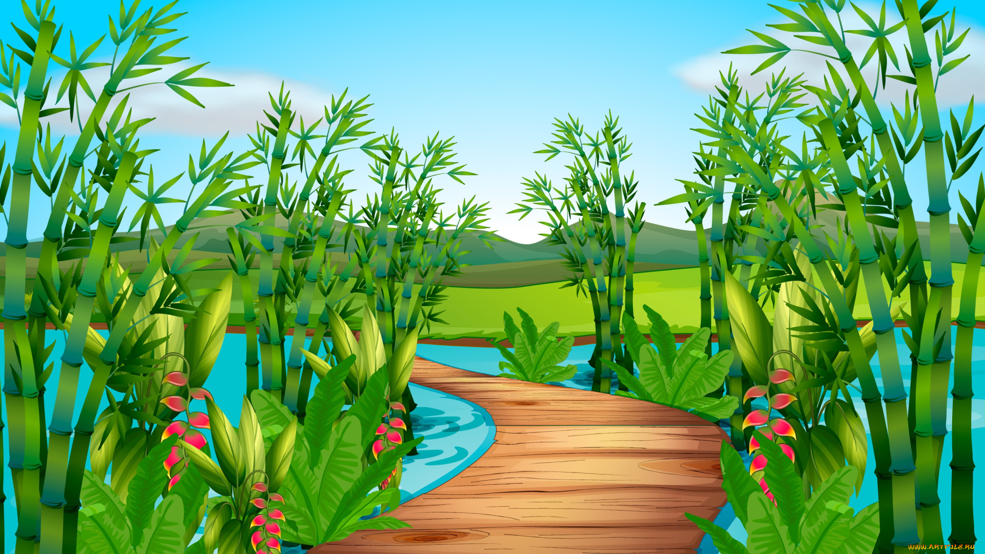 векторная, графика, природа, , nature, мост, зелень, река