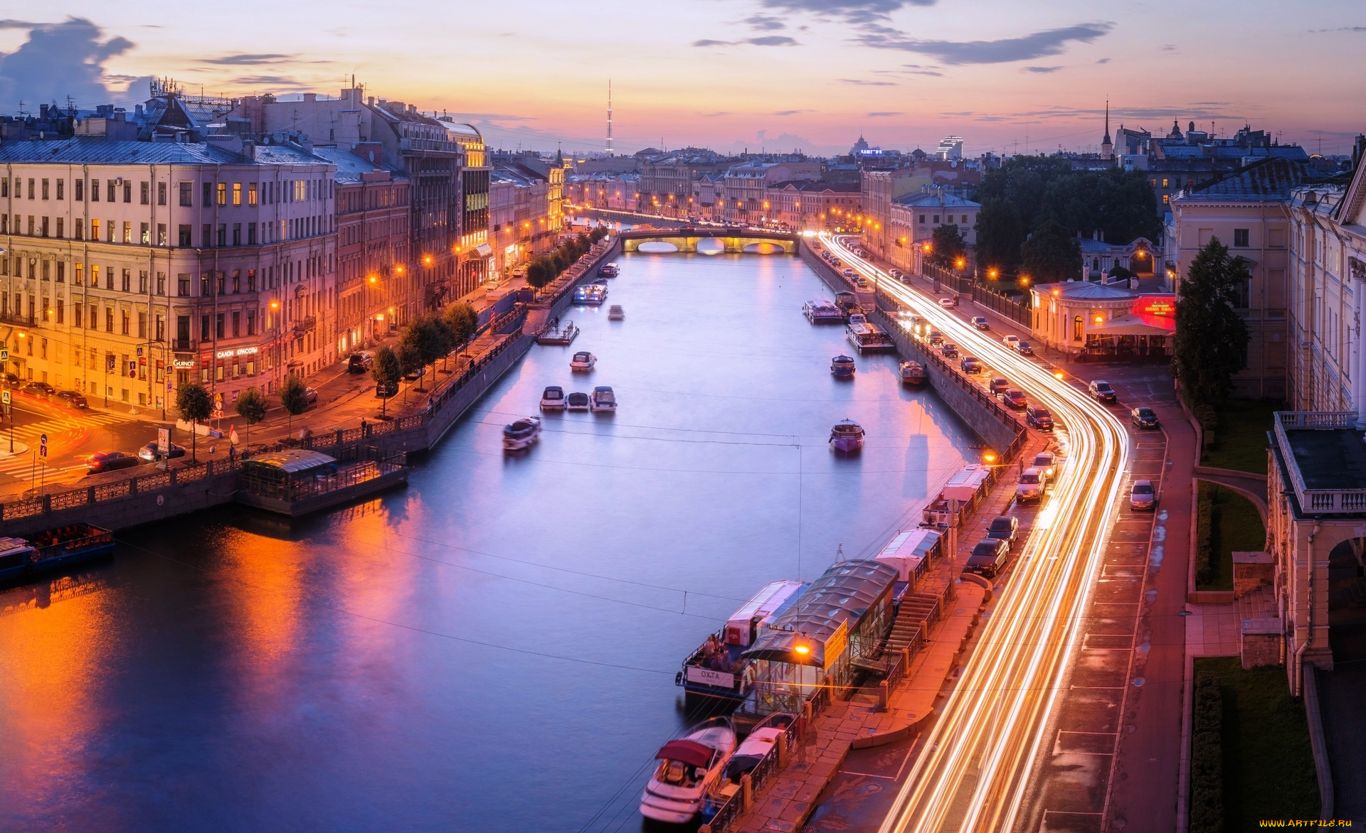 города, санкт-петербург, , петергоф, , россия, река, здания, дома, огни, набережные, улицы