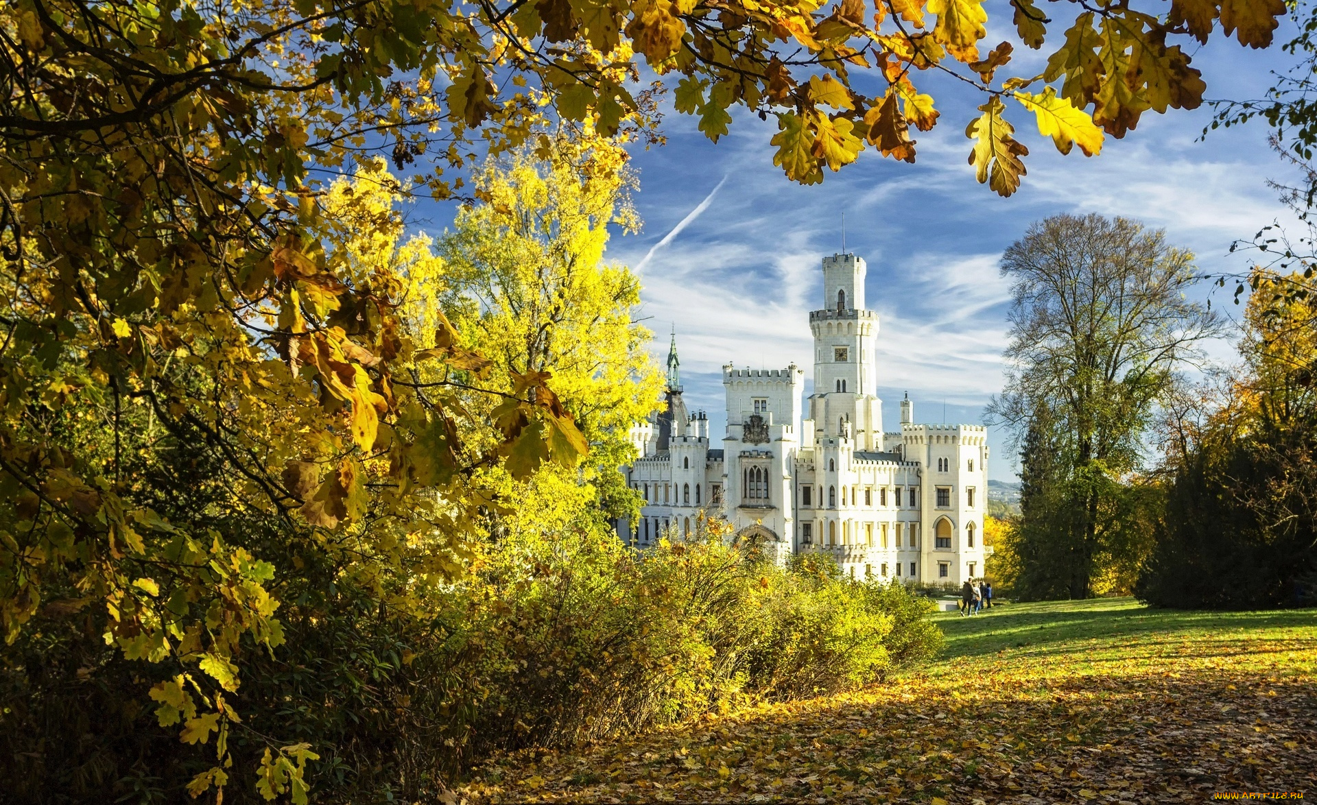 города, -, дворцы, , замки, , крепости, осень, дворец, замок, кусты, парк, листья, деревья