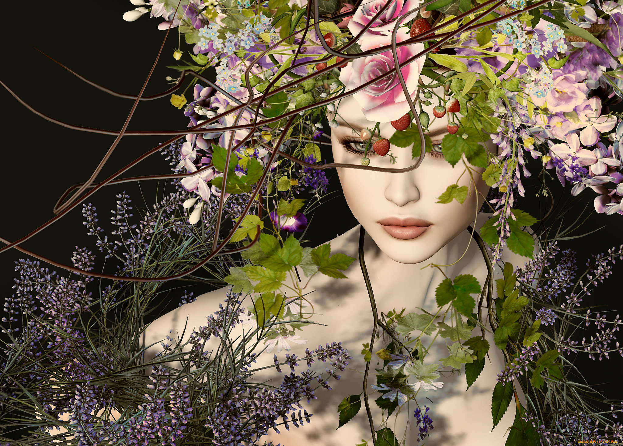 3д, графика, портрет, , portraits, девушка, лицо, венок, цветы