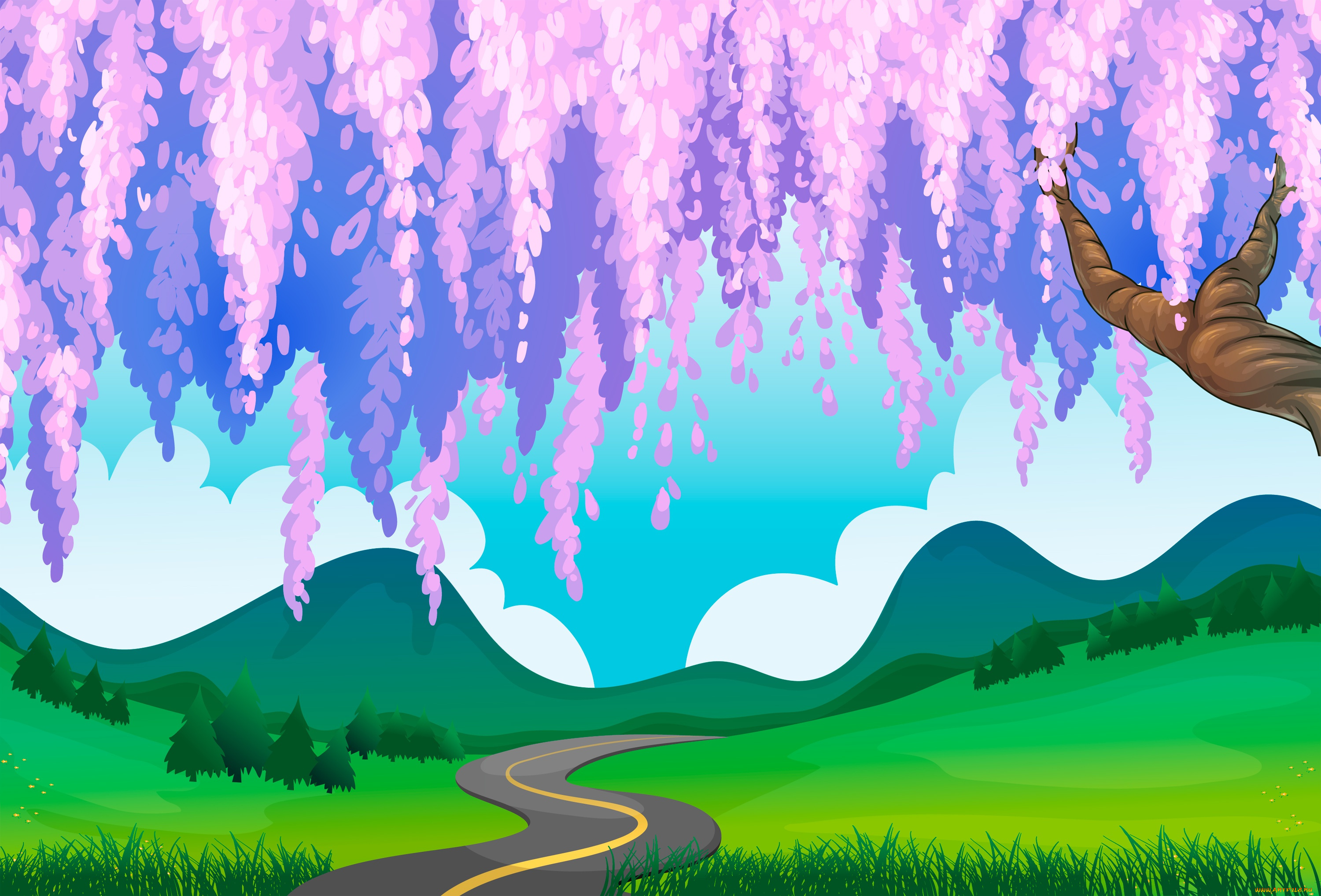 векторная, графика, природа, , nature, холмы, тропинка, глициния