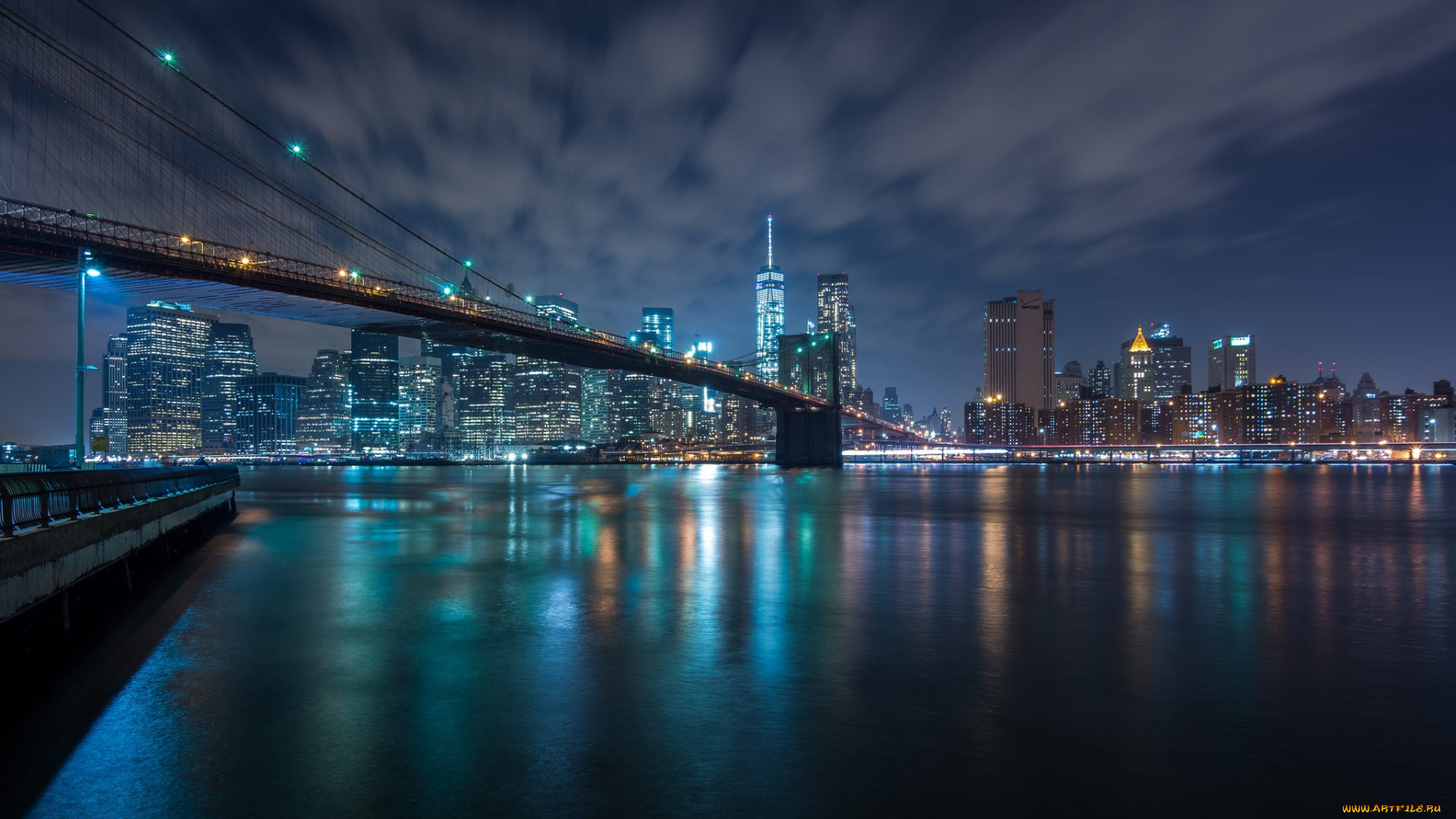 brooklyn, bridge, &, lower, manhattan, города, нью-йорк, , сша, огни, ночь, река, мост