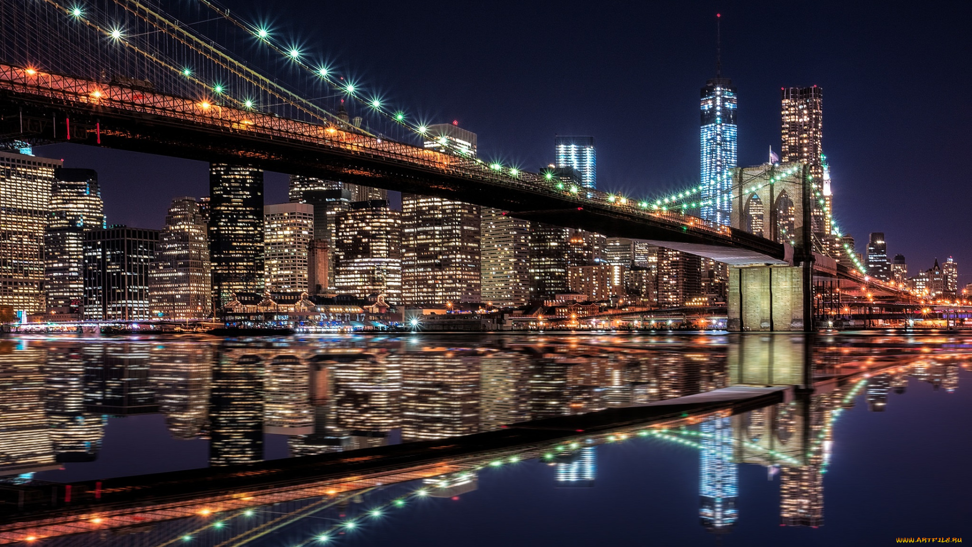 brooklyn, bridge, &, lower, manhattan, skyline, , new, york, города, нью-йорк, , сша, мост, ночь, огни, река