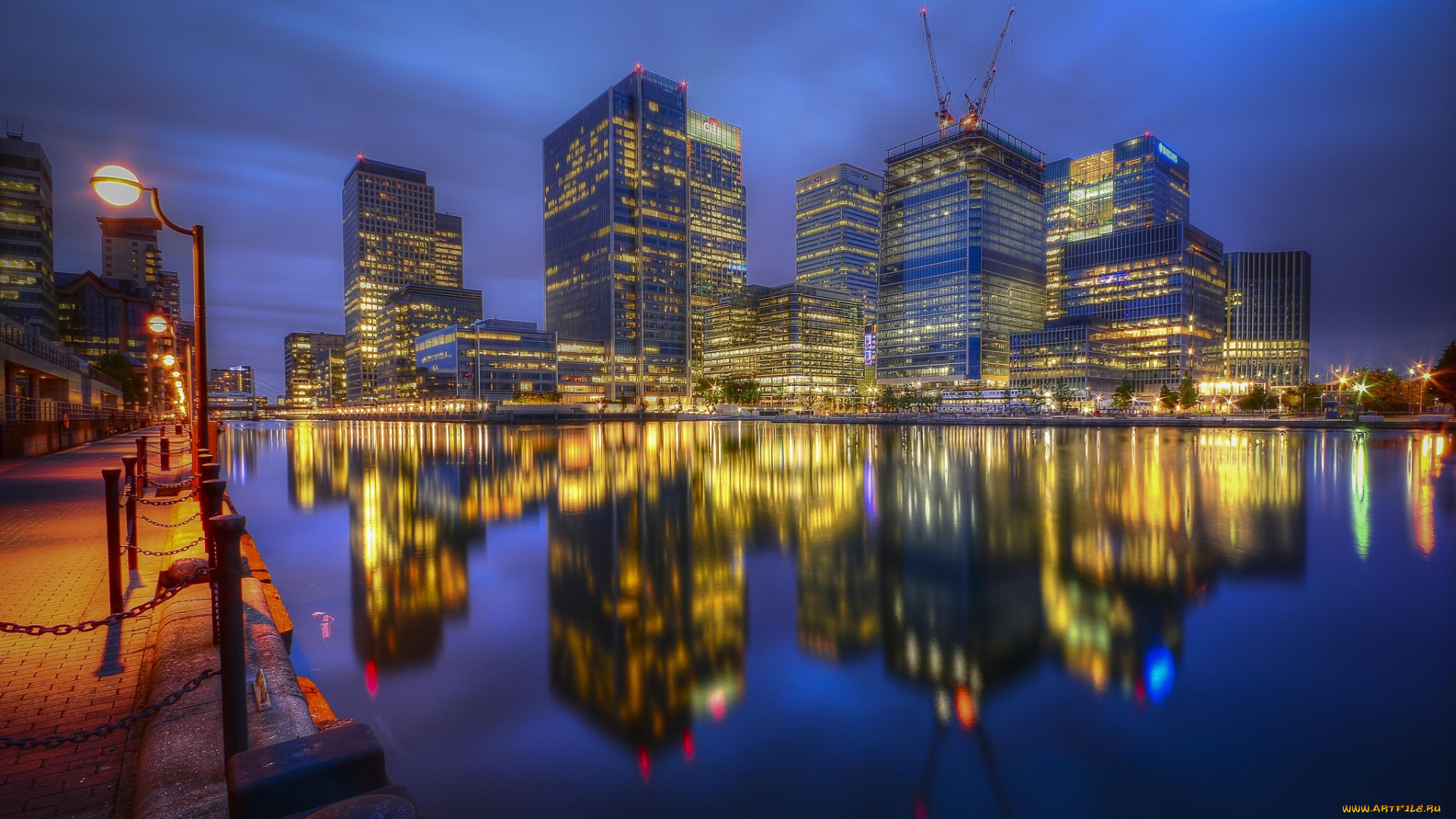 canary, wharf, reflection, , london, города, лондон, , великобритания, ночь, огни, река