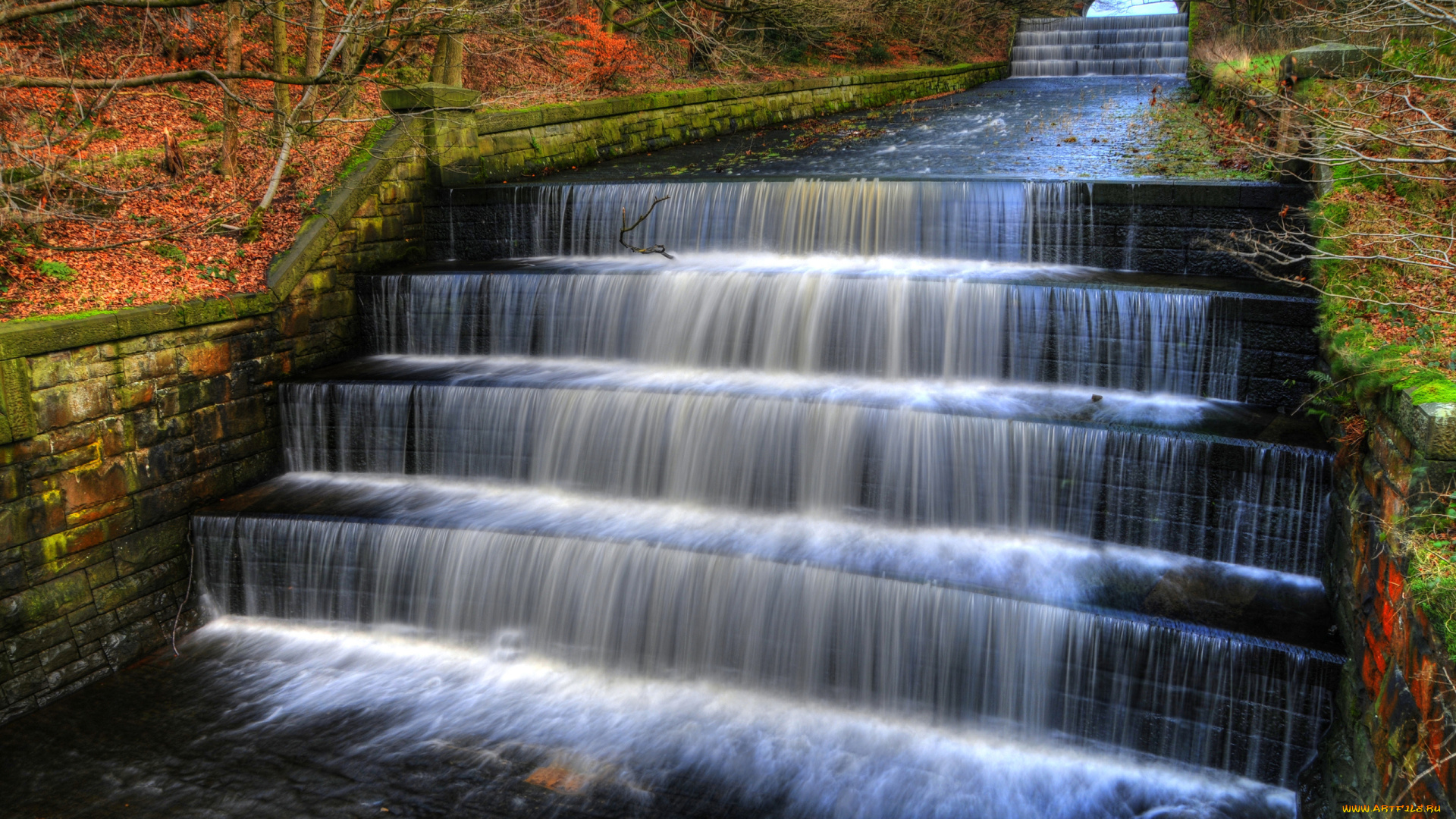 природа, парк, водопады, лестница, англия, осень