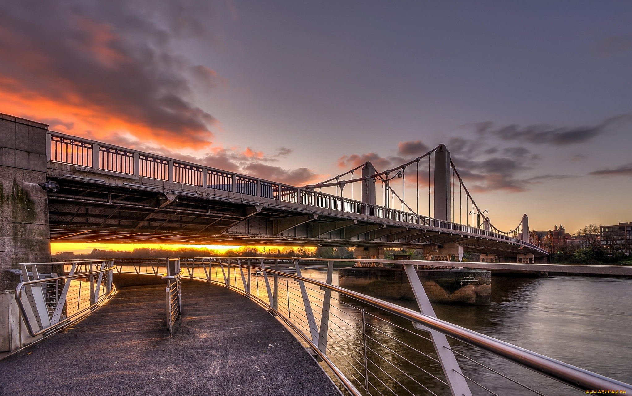 chelsea, bridge, sunset, , london, города, лондон, , великобритания, река, набережная, мост