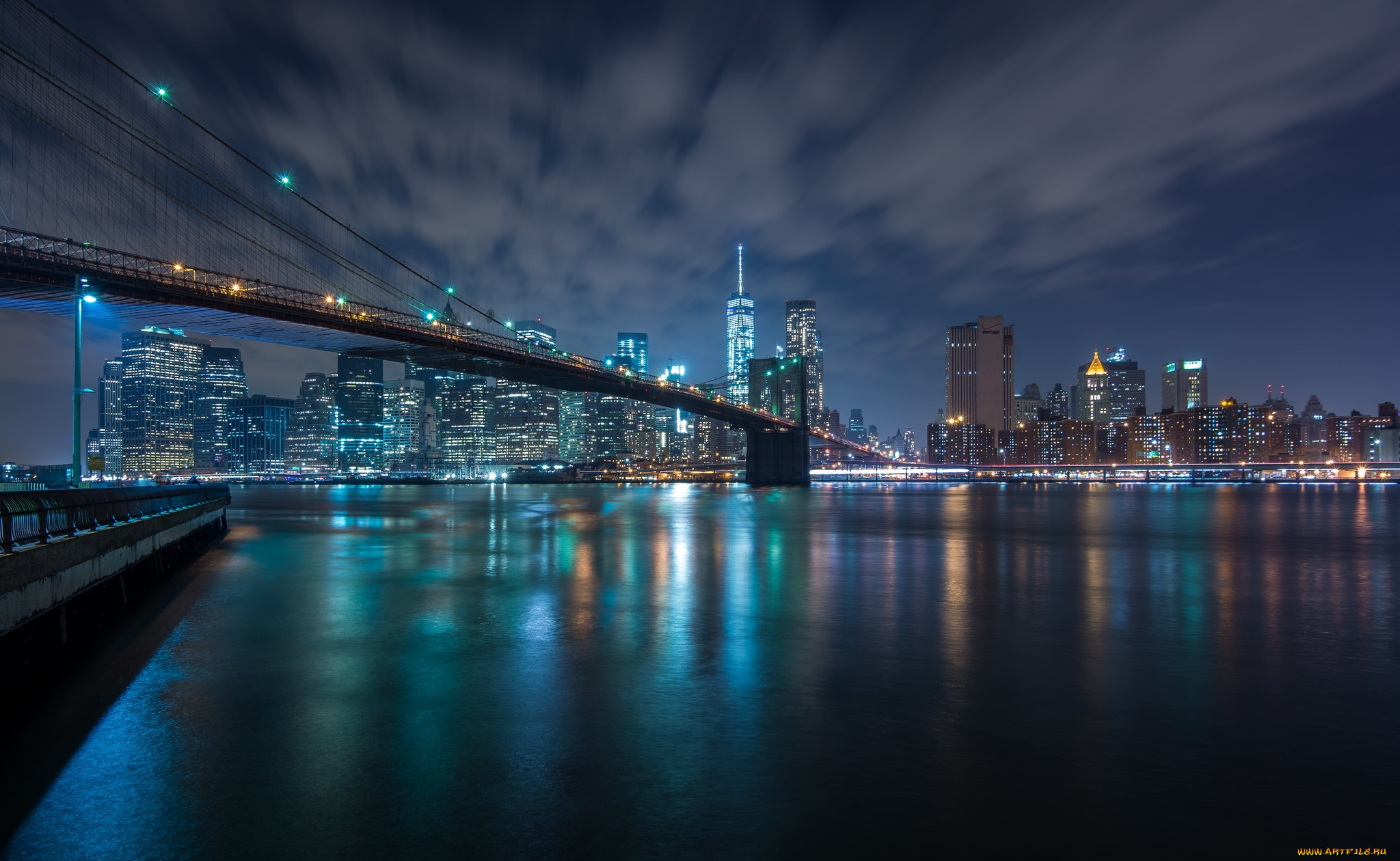 brooklyn, bridge, &, lower, manhattan, города, нью-йорк, , сша, огни, ночь, река, мост
