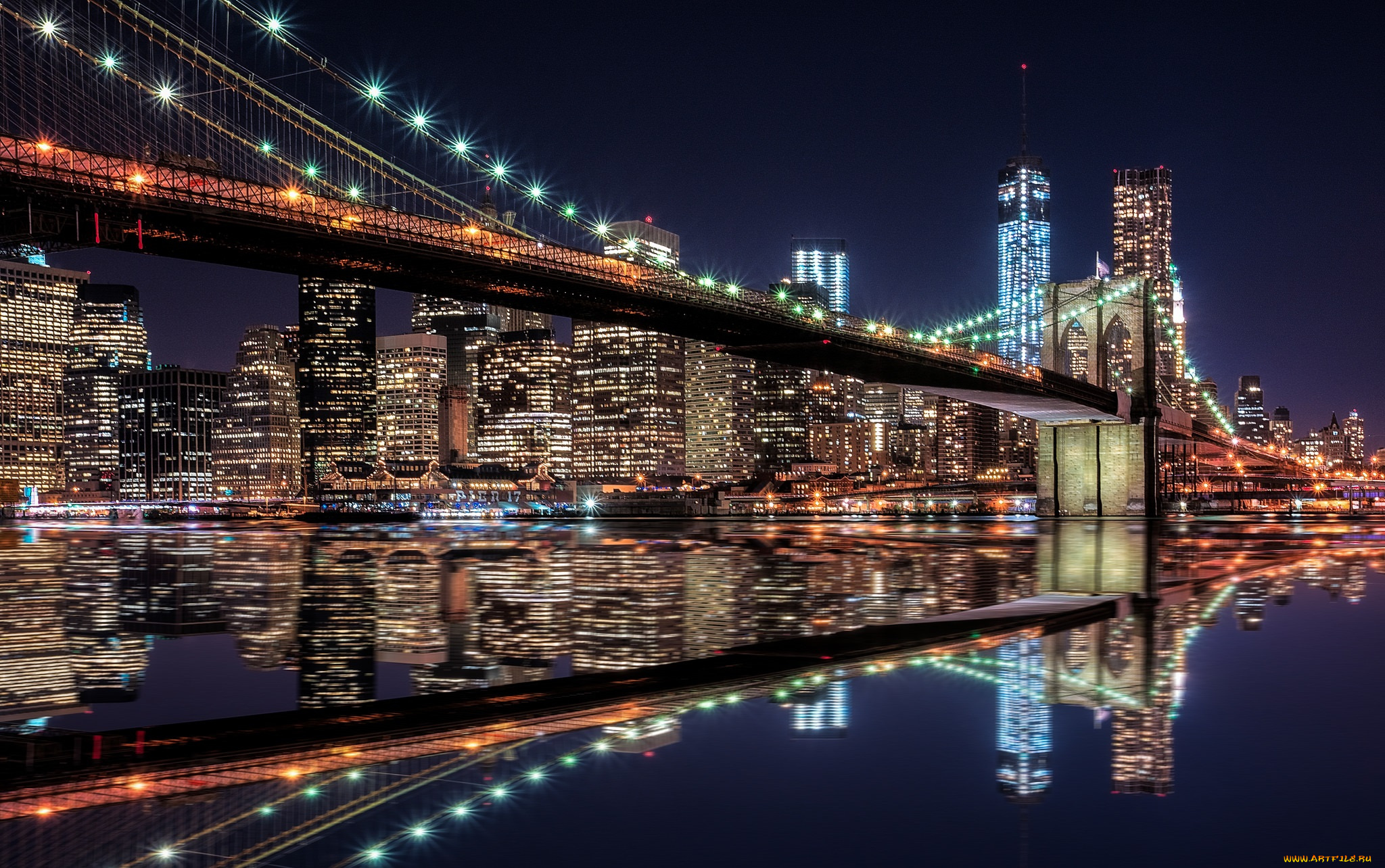 brooklyn, bridge, &, lower, manhattan, skyline, , new, york, города, нью-йорк, , сша, мост, ночь, огни, река