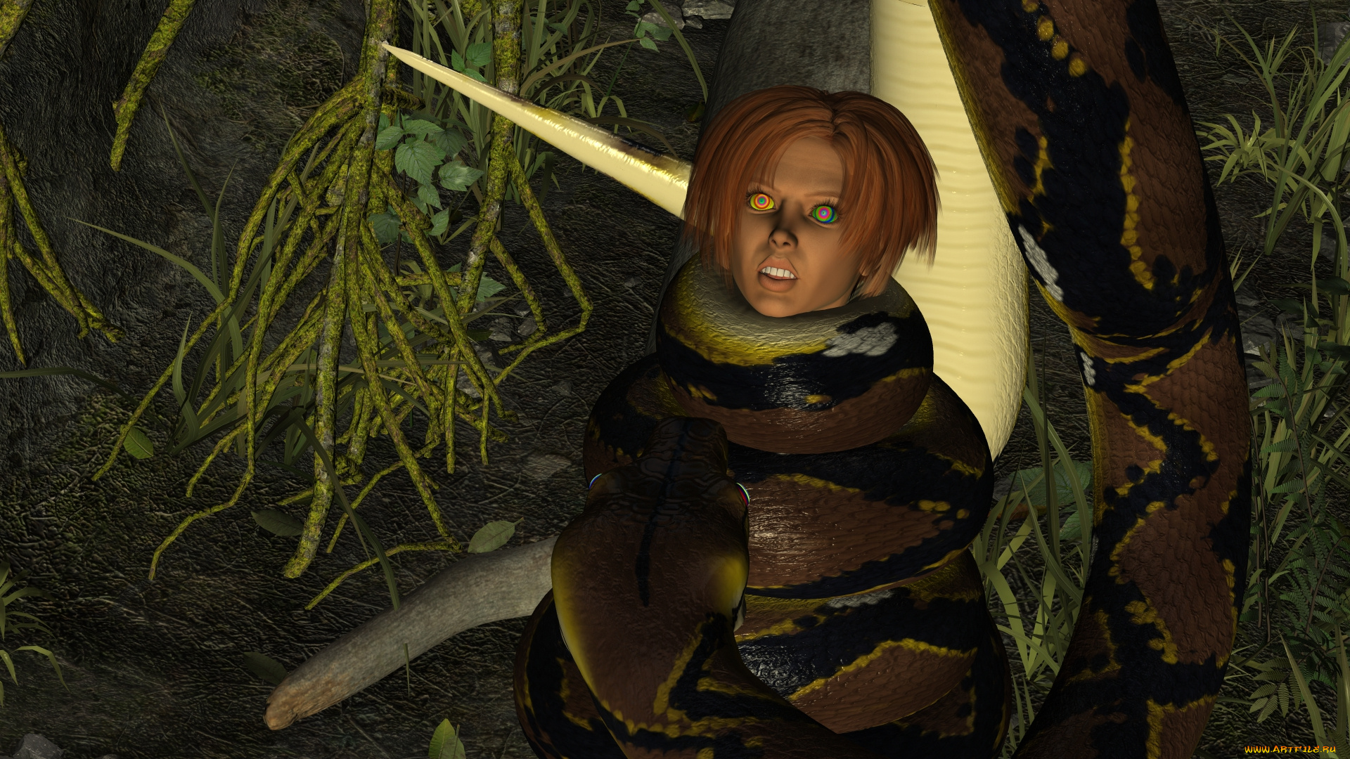 3д, графика, фантазия, , fantasy, девушка, взгляд, фон, змея, дерево