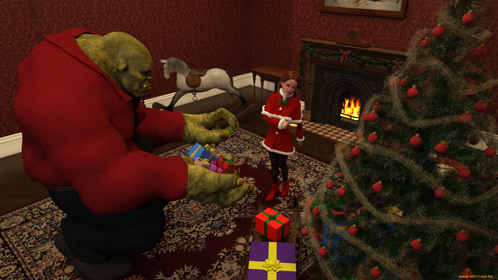 3д, графика, фантазия, , fantasy, девушка, взгляд, фон, елка, новый, год