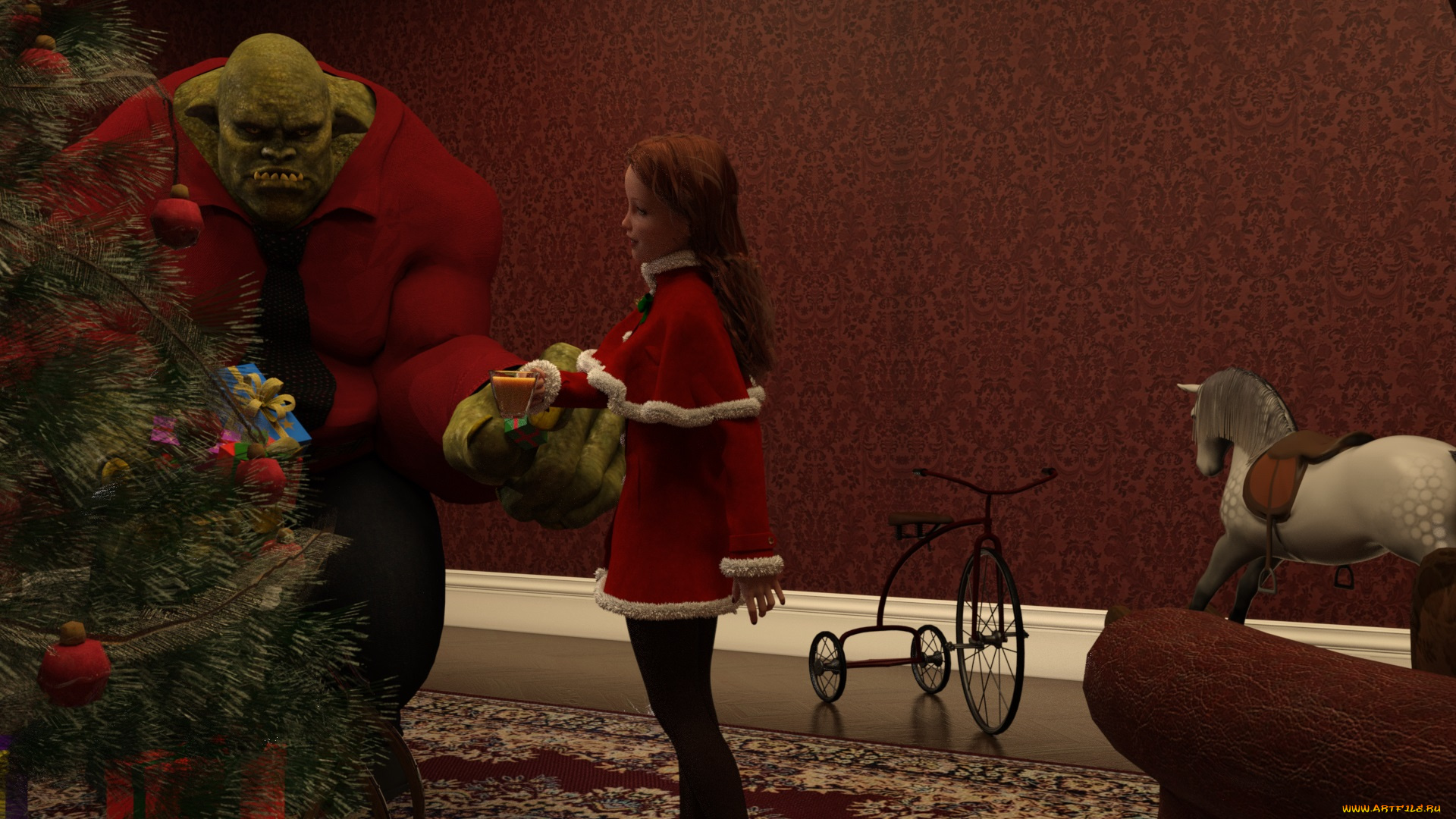 3д, графика, фантазия, , fantasy, девушка, взгляд, фон, елка, новый, год