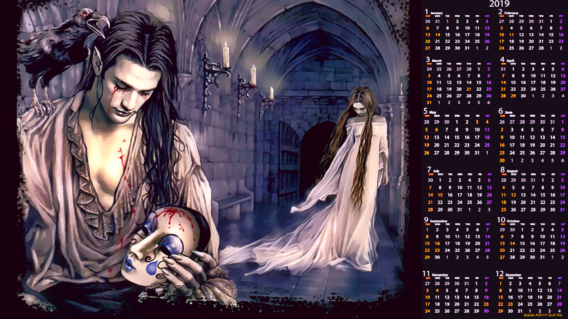 календари, фэнтези, мужчина, птица, девушка, кровь, маска