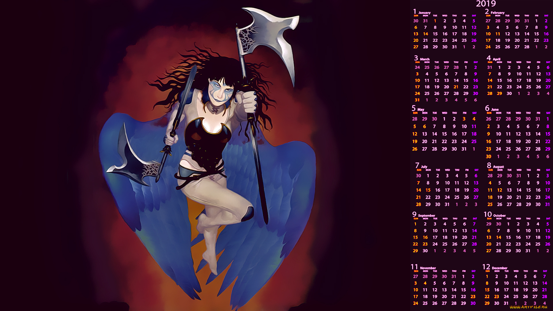 календари, фэнтези, оружие, крылья, девушка