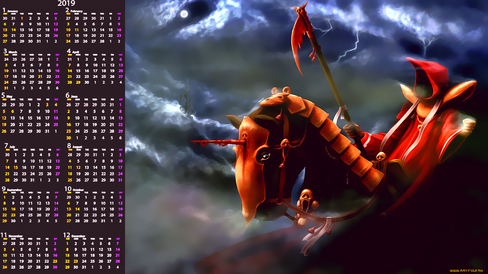 календари, фэнтези, плащ, конь, морда, коса, капюшон