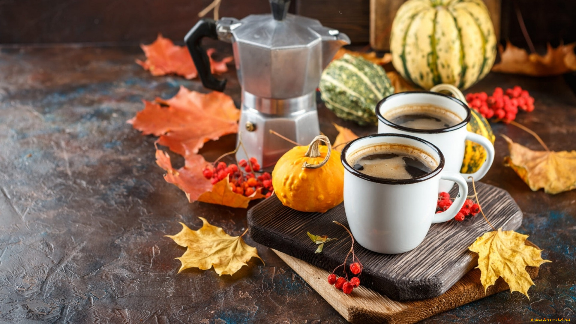 еда, кофе, , кофейные, зёрна, тыква, листья, кофейник, кружки