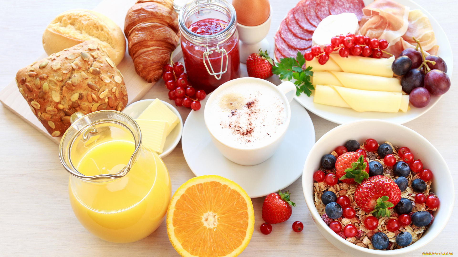 еда, разное, сыр, завтрак, фрукты, сок, кофе, колбаса