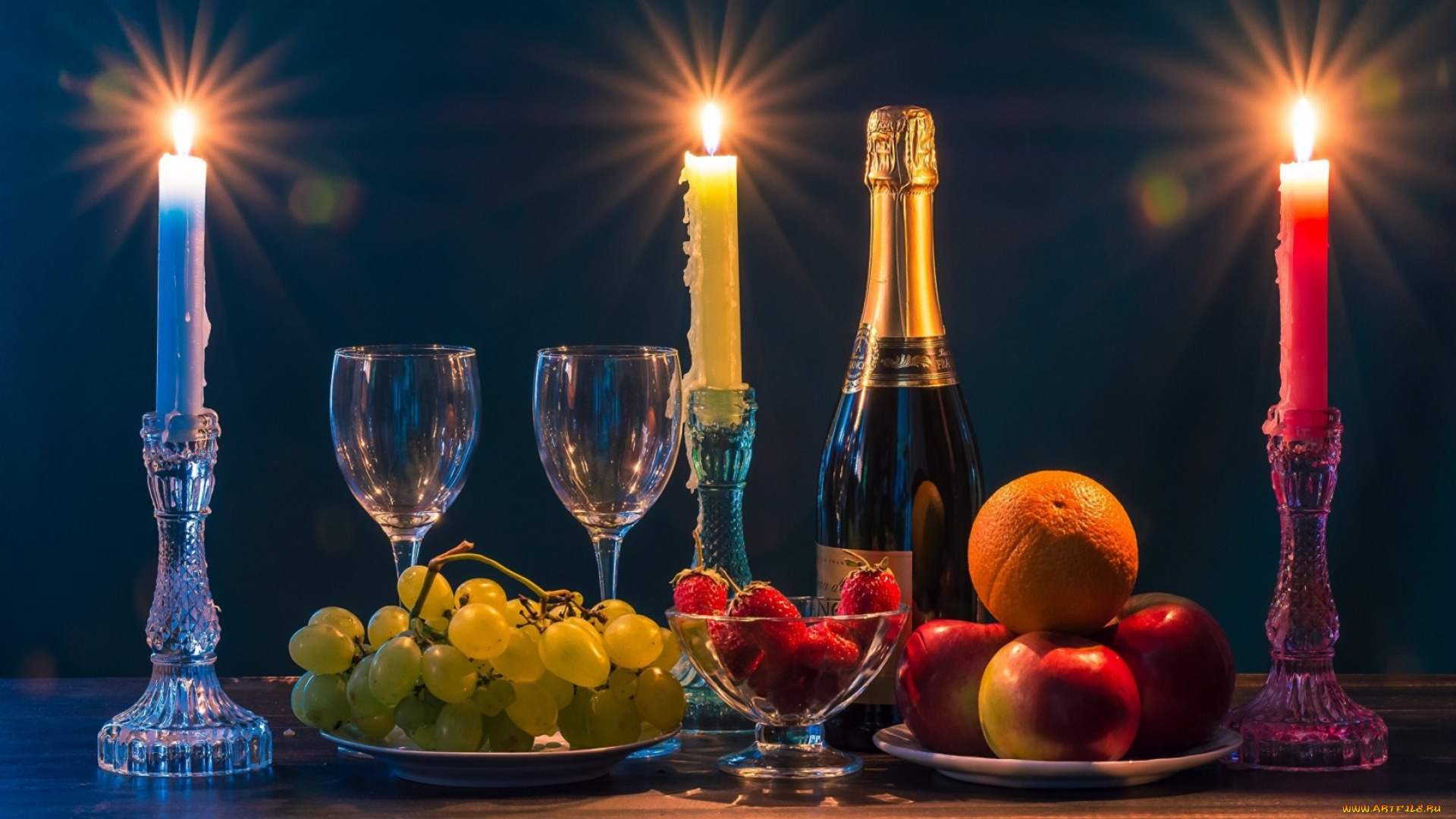 еда, разное, виноград, шампанское, свечи, клубника