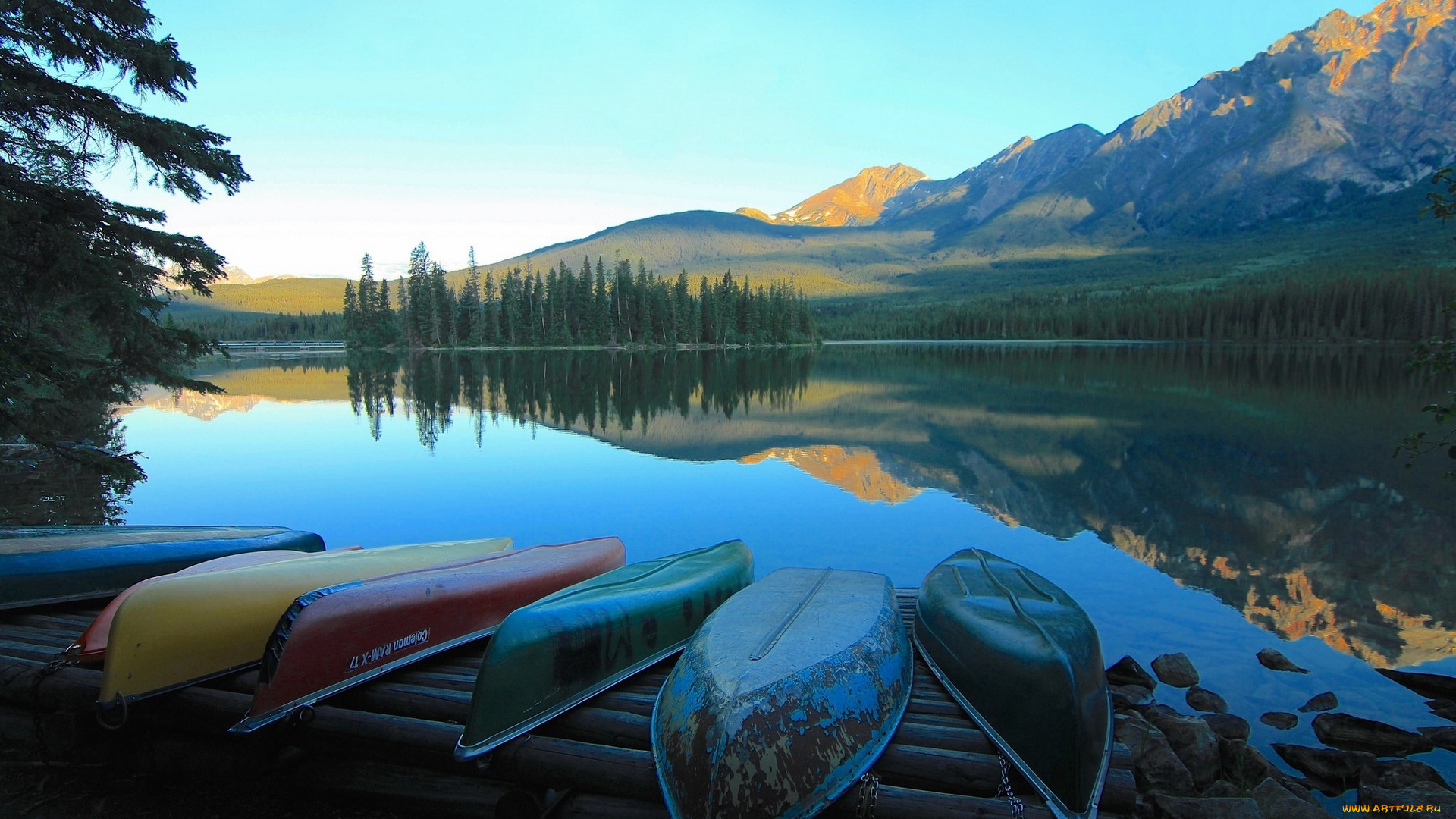 корабли, лодки, , шлюпки, лес, горы, озеро, берег