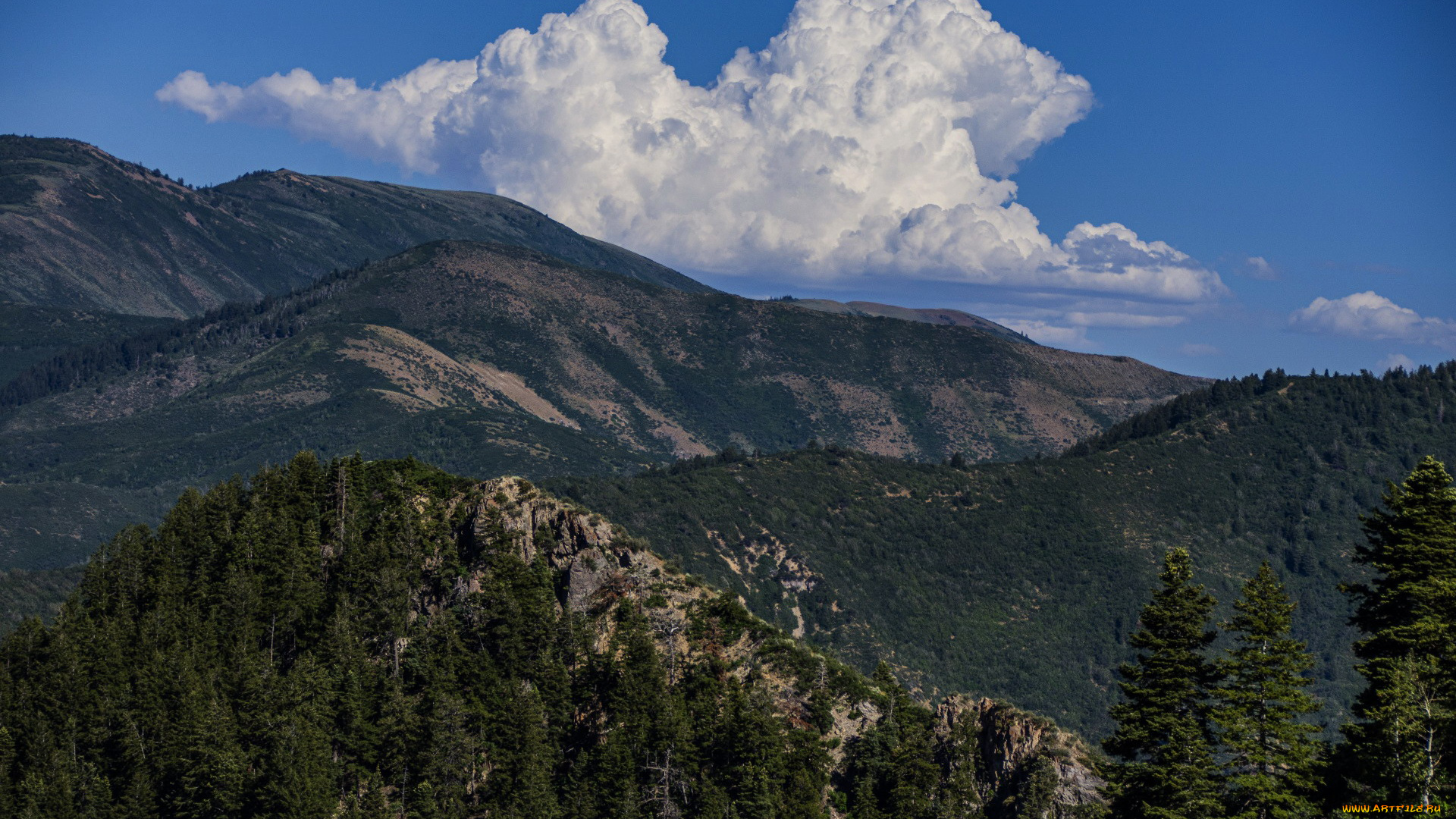 природа, горы, вершины, облака