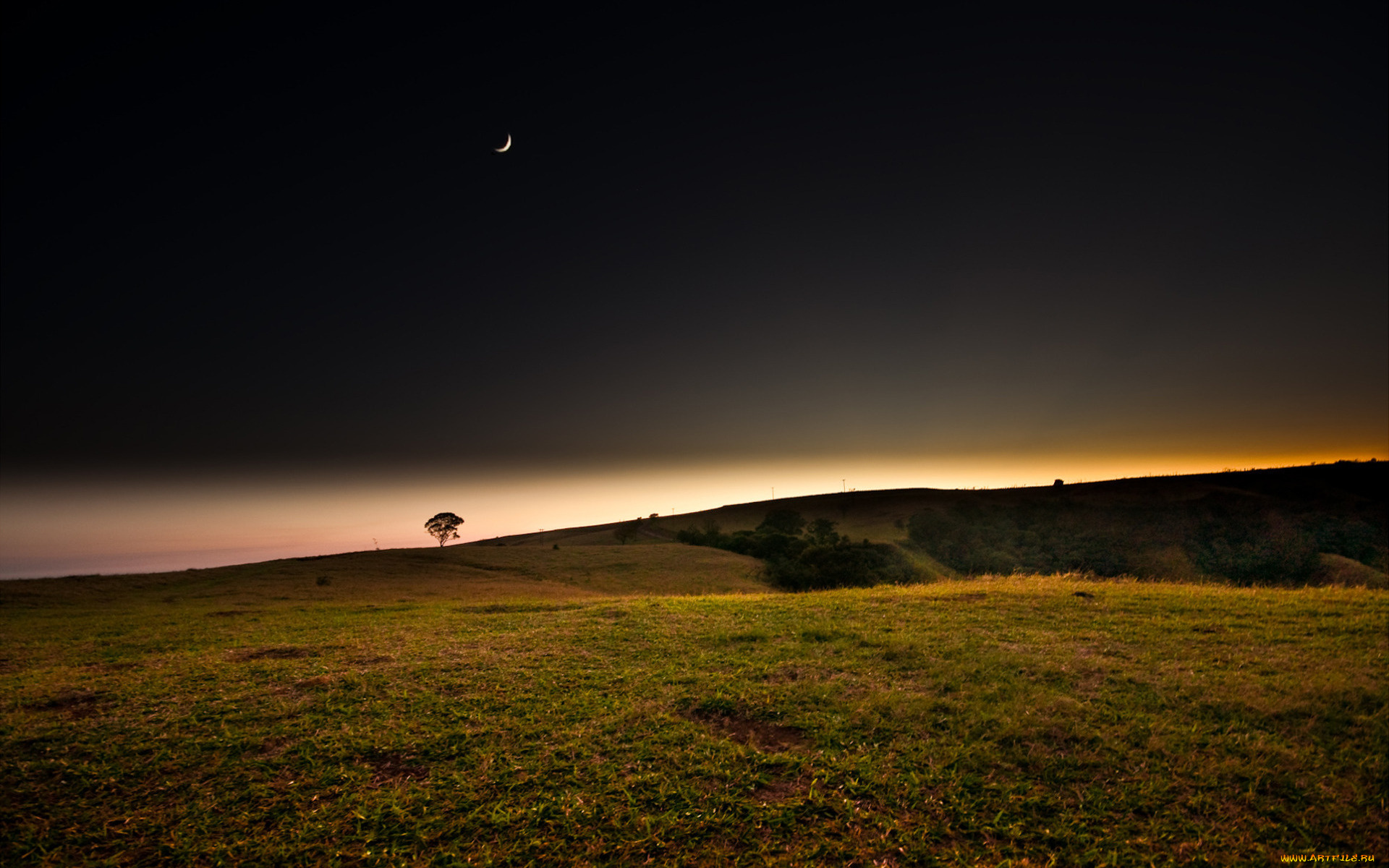 природа, луга, небо, месяц, дерево, поля