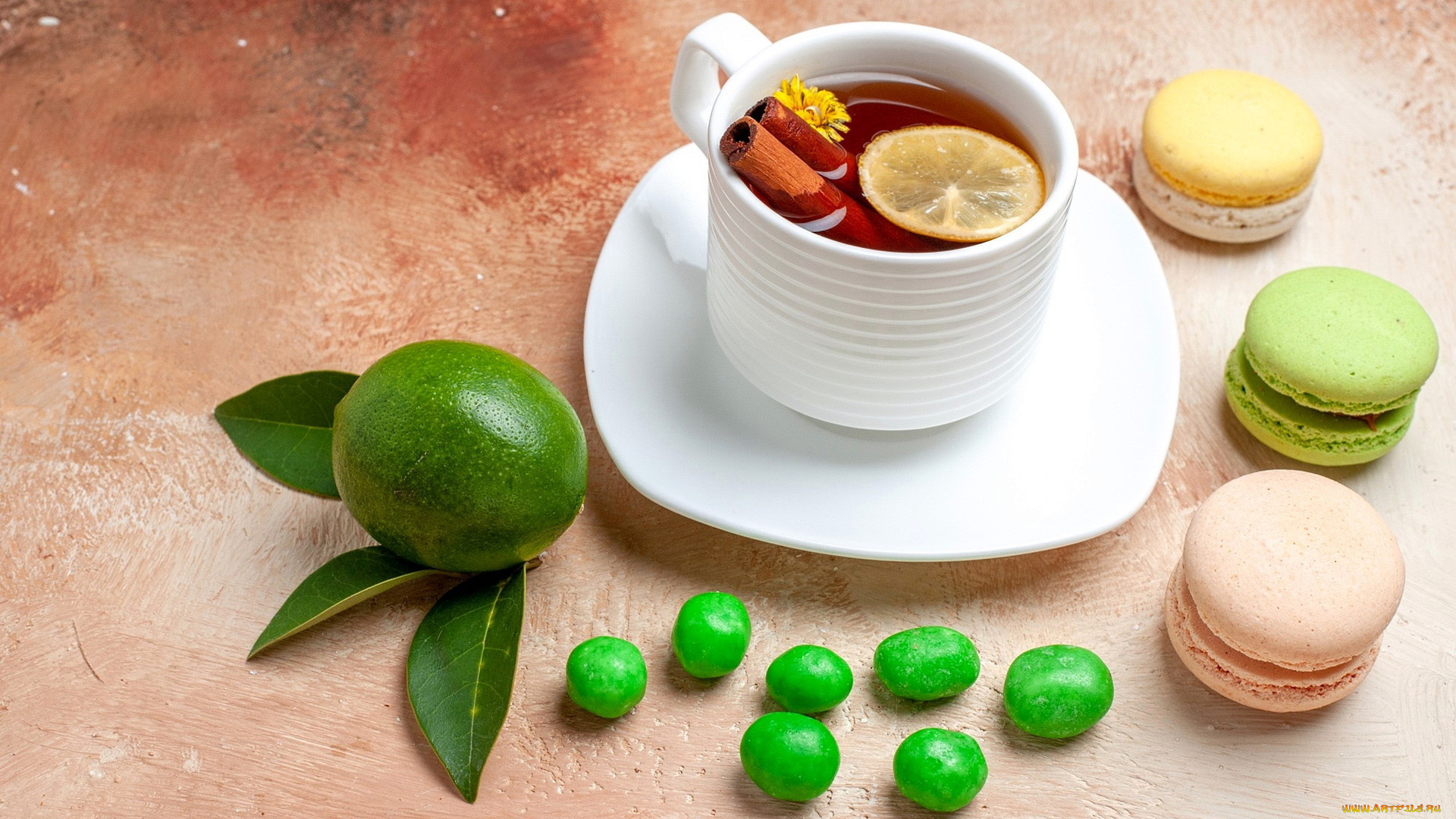 еда, макаруны, лакомство, печенье, чай, лайм