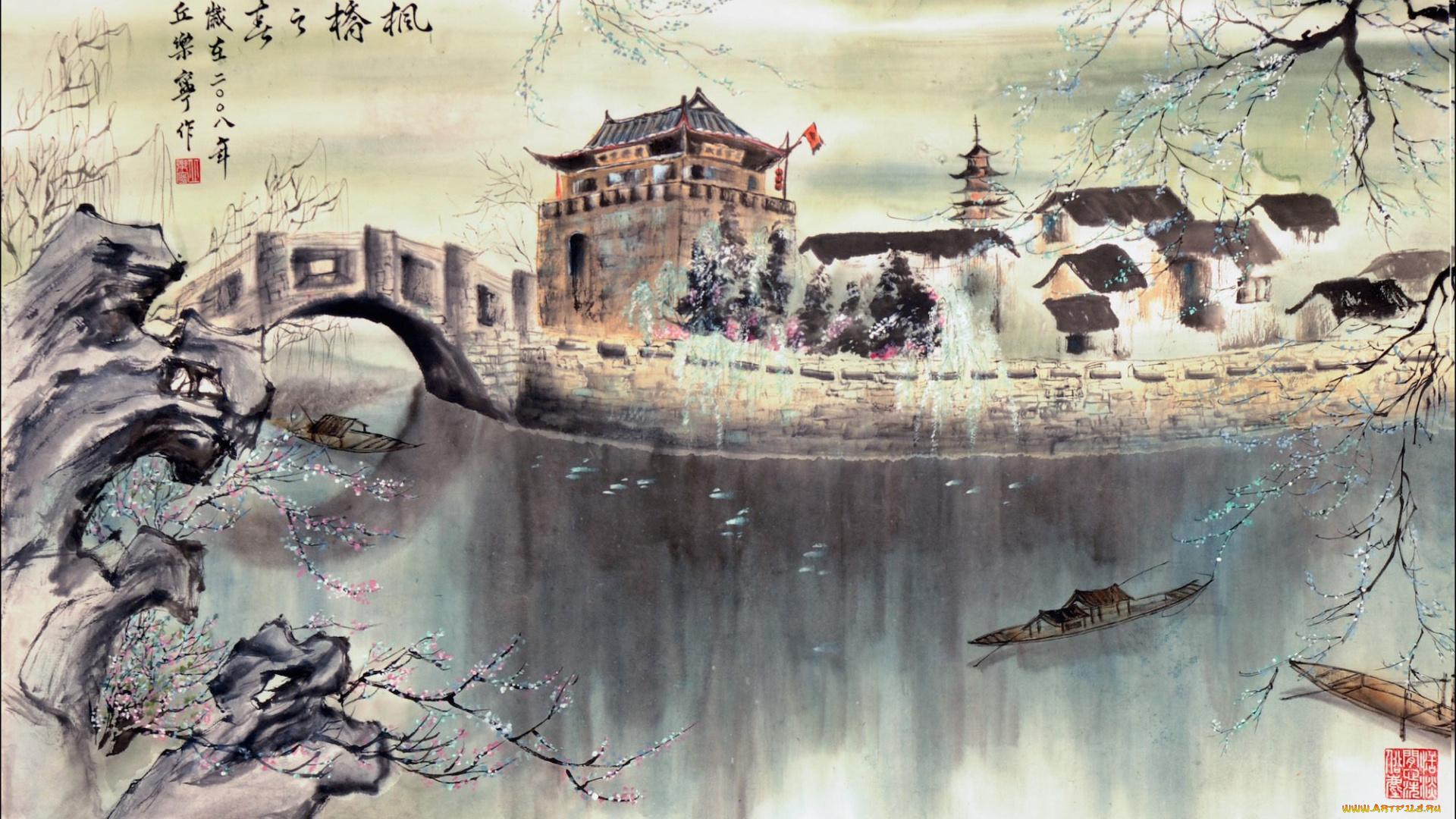 рисованное, города, город, мост, река, лодки