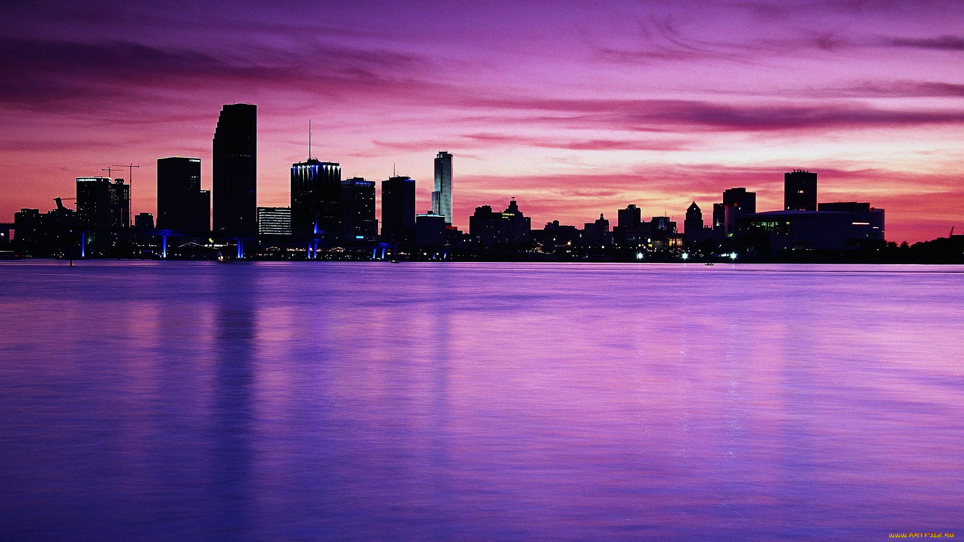 города, майами, , сша, город, огни, заря, море