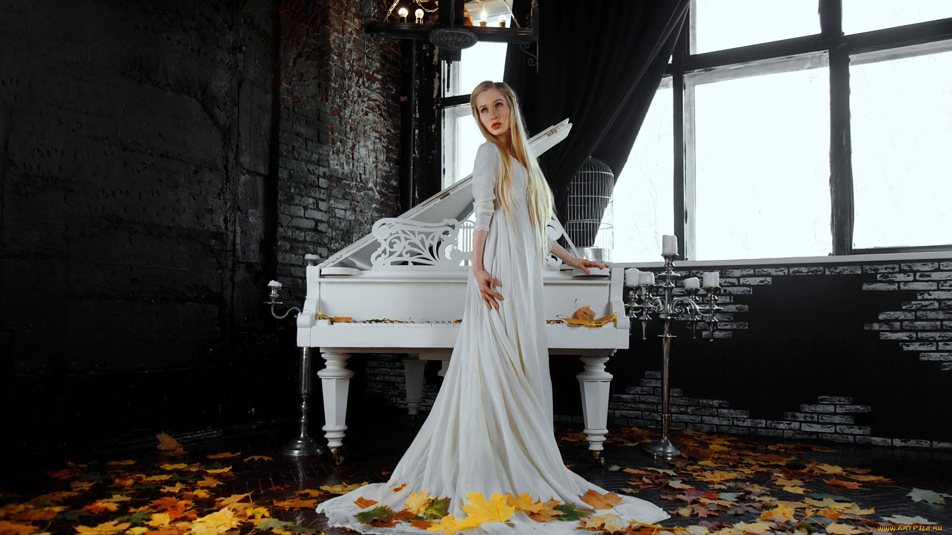 девушки, -, блондинки, , светловолосые, блондинка, платье, рояль, листья, осень, окно