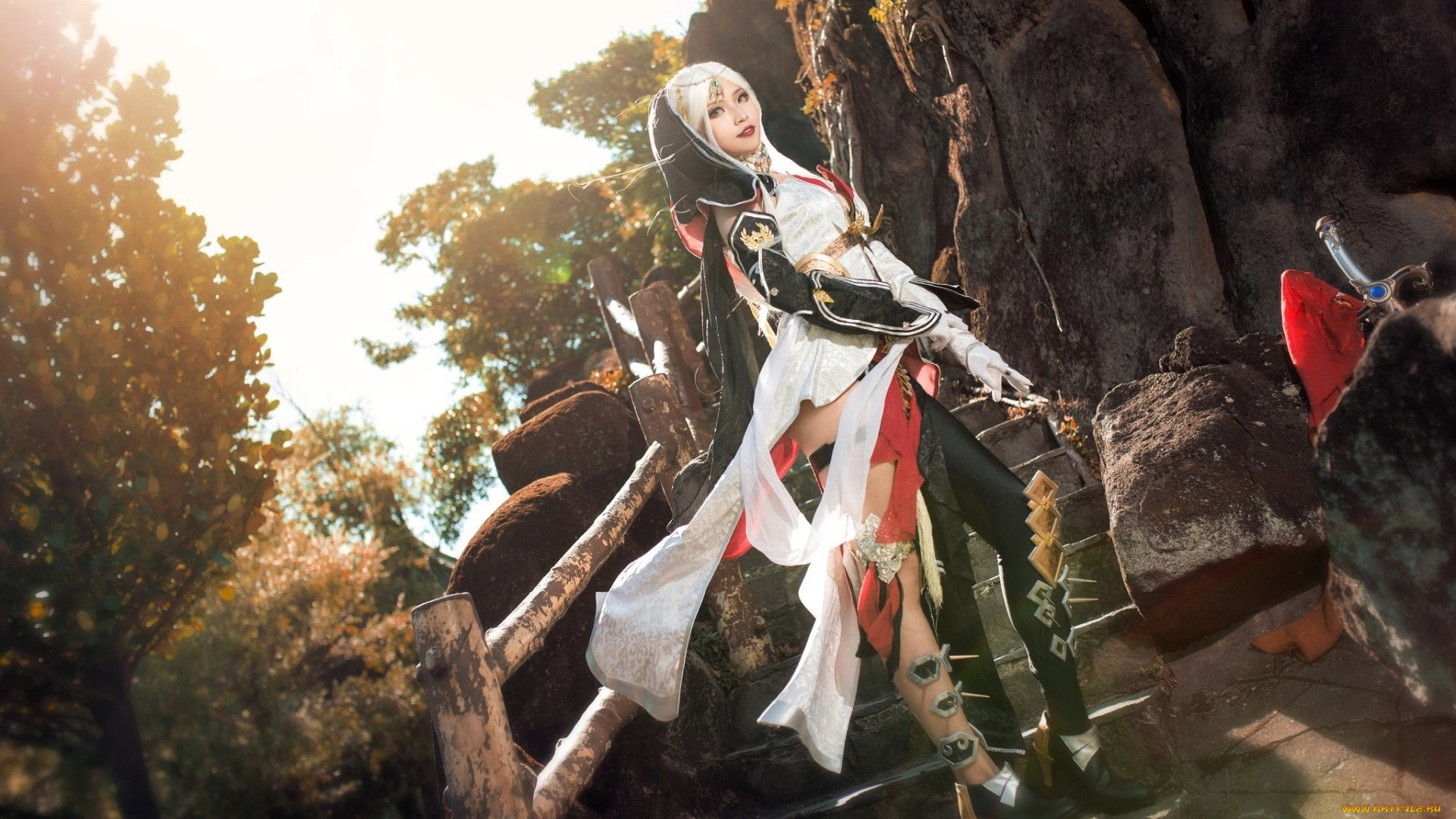 девушки, -, креатив, , косплей, образ, косплей, наряд, костюм, лестница, скала, лес, осень