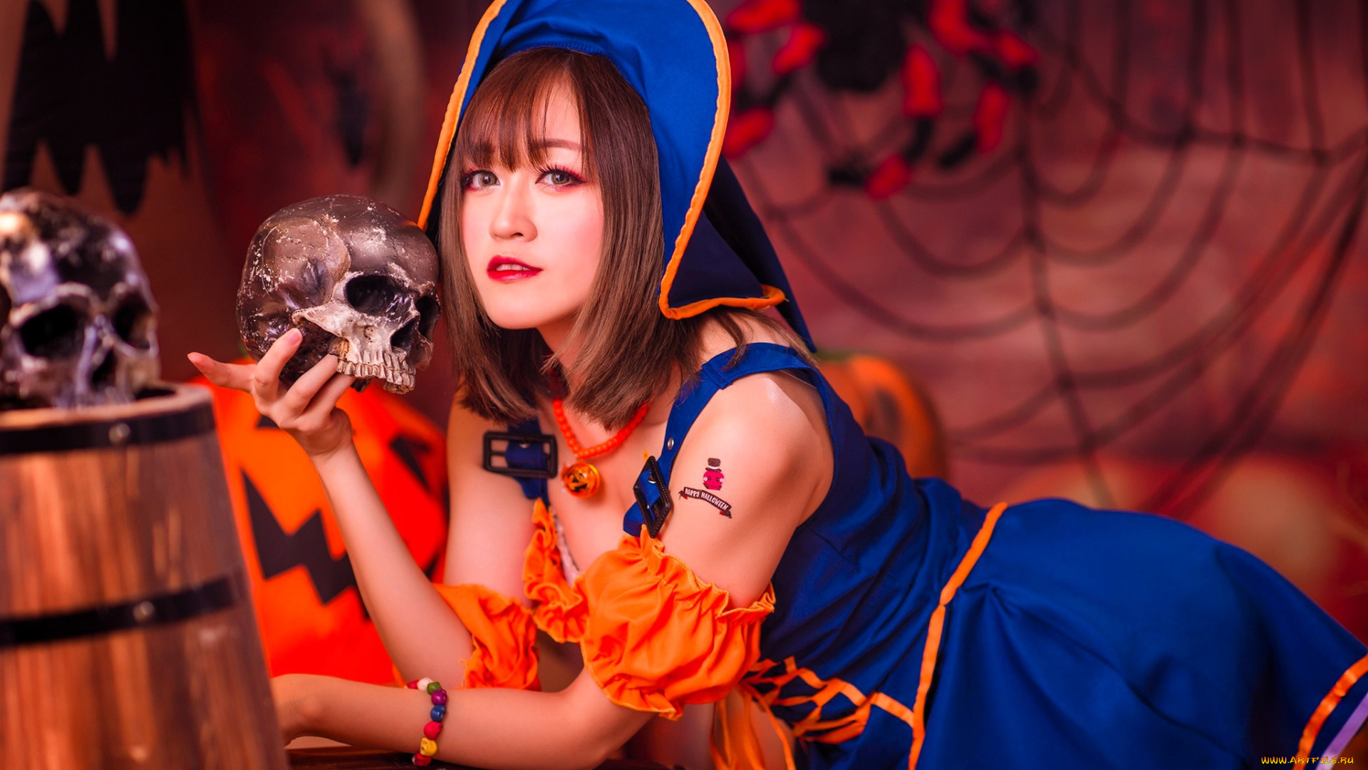 девушки, -, креатив, , косплей, образ, косплей, костюм, наряд, черепа, бочка, паутина