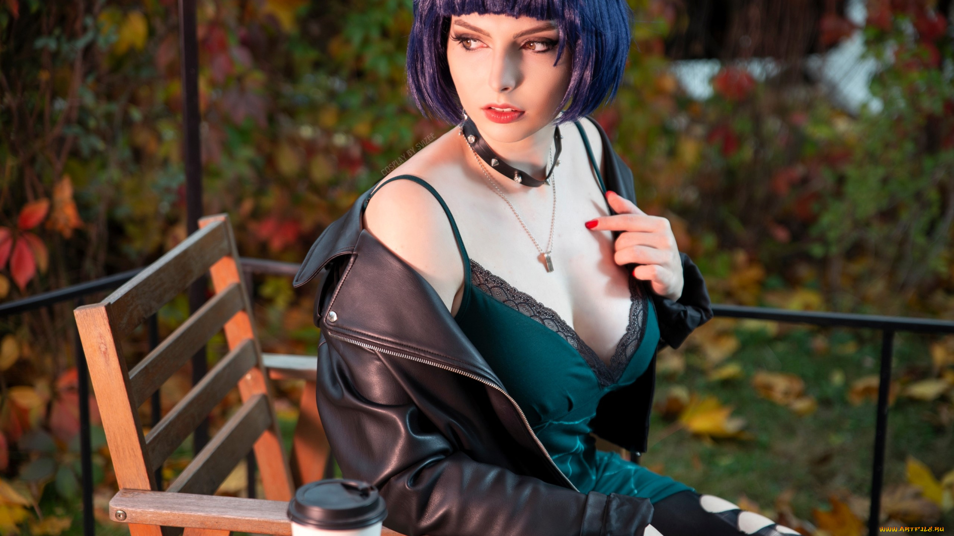 девушки, анастасия, волкова, , svizee, образ, косплей, наряд, куртка, осень, терраса, колготки, дырки, стол, стул, стакан