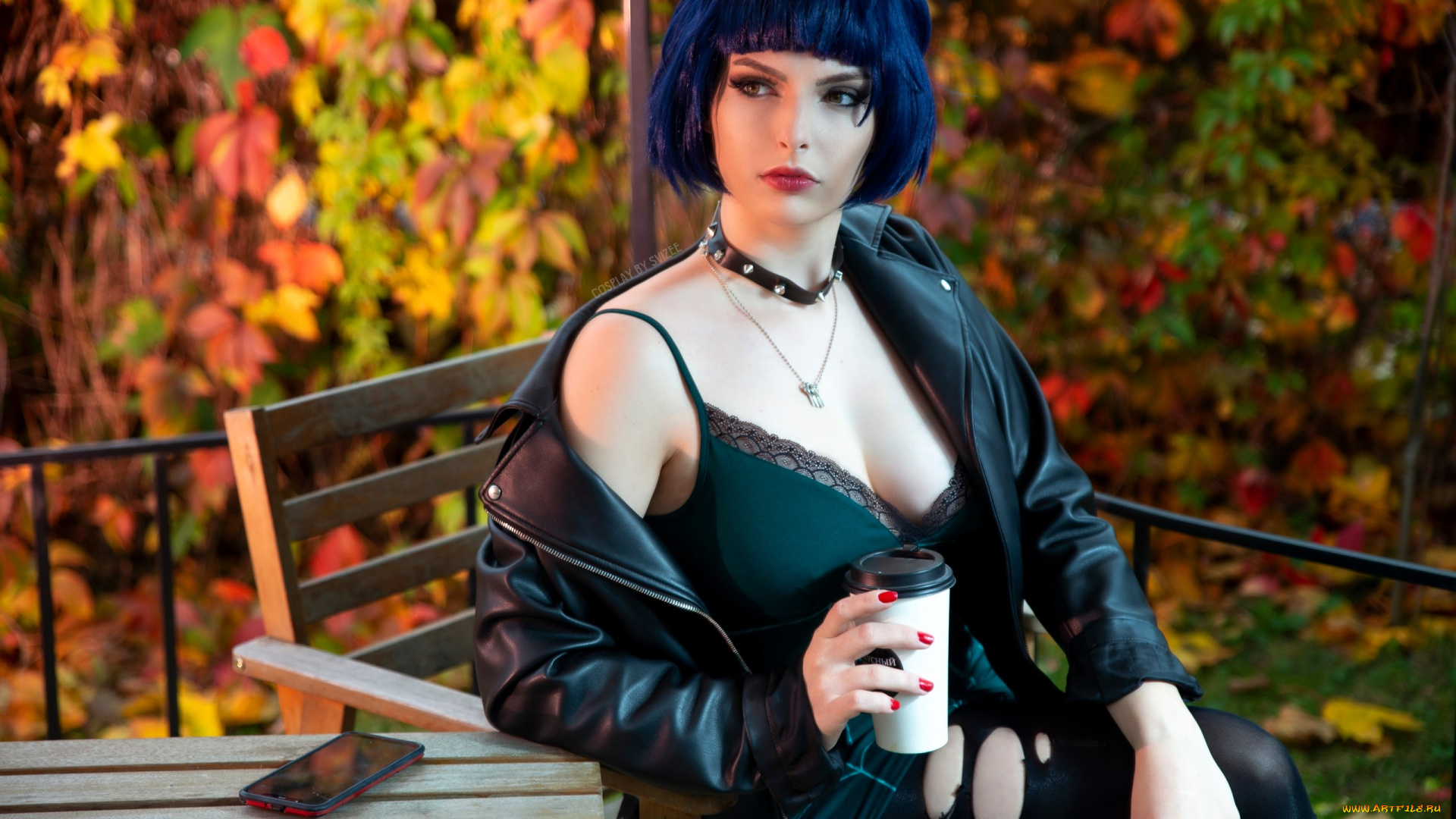 девушки, анастасия, волкова, , svizee, образ, косплей, наряд, куртка, осень, терраса, колготки, дырки, телефон, стол, стул, стакан