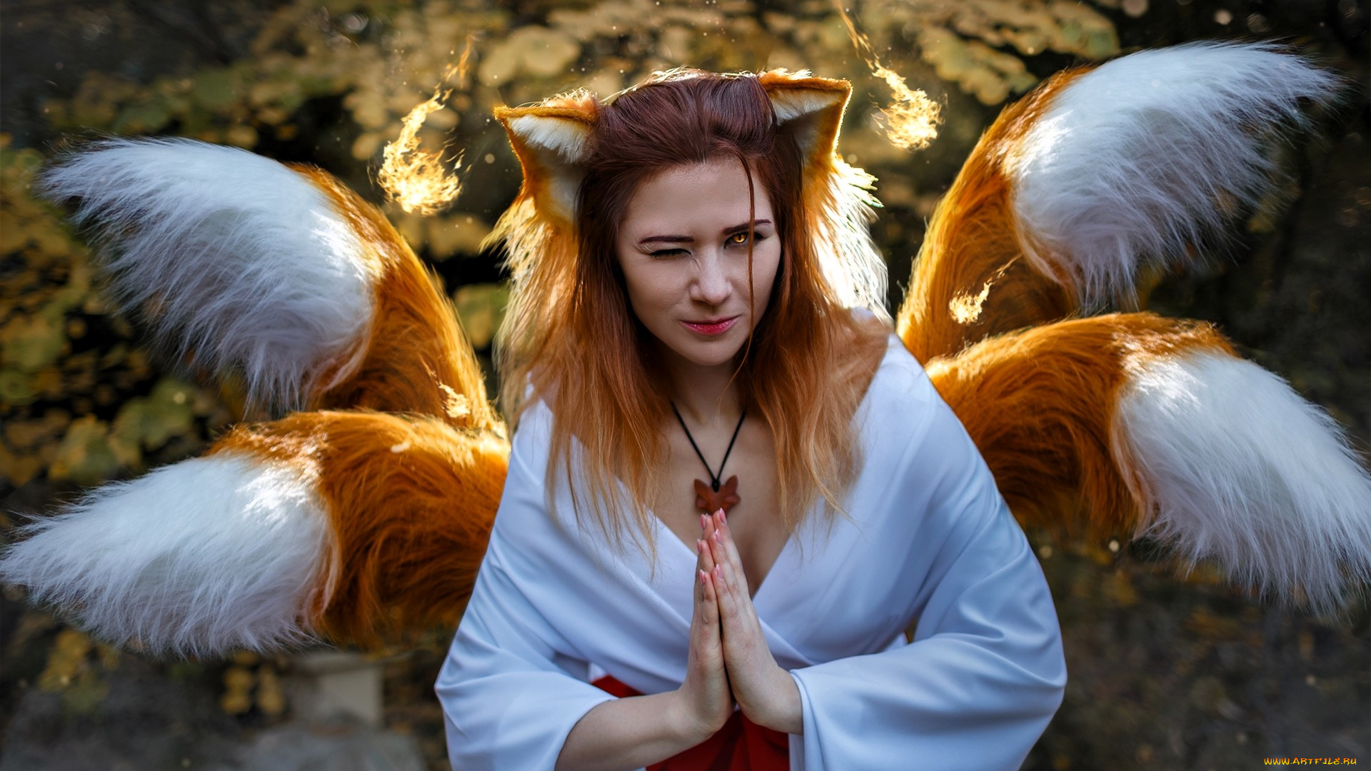 девушки, ира, сокол, образ, косплей, костюм, наряд, лиса, ушки, хвосты, осень, деревья, магия, огонь