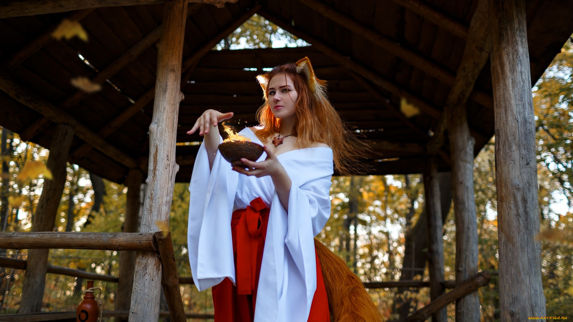 девушки, ира, сокол, образ, косплей, костюм, наряд, лиса, ушки, хвосты, осень, деревья, магия, огонь, беседка